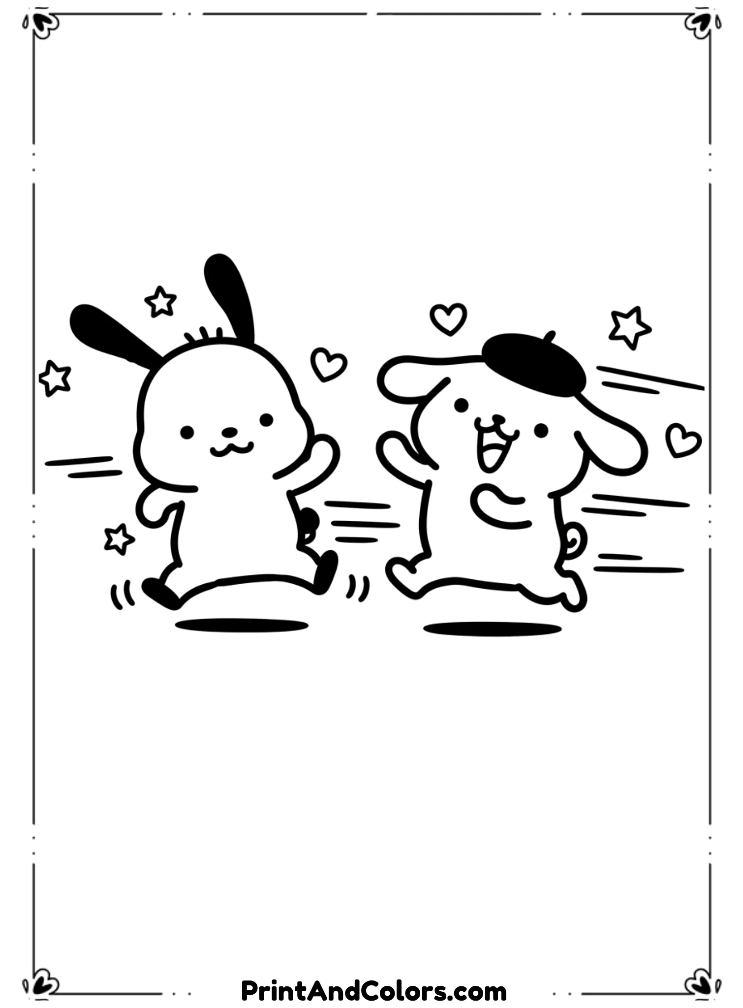  Create a fun activity scene where Pochacco and PomPompurin are playing a game or running together. Use bold black line art, rounded shapes, and simple motion lines for energy.
