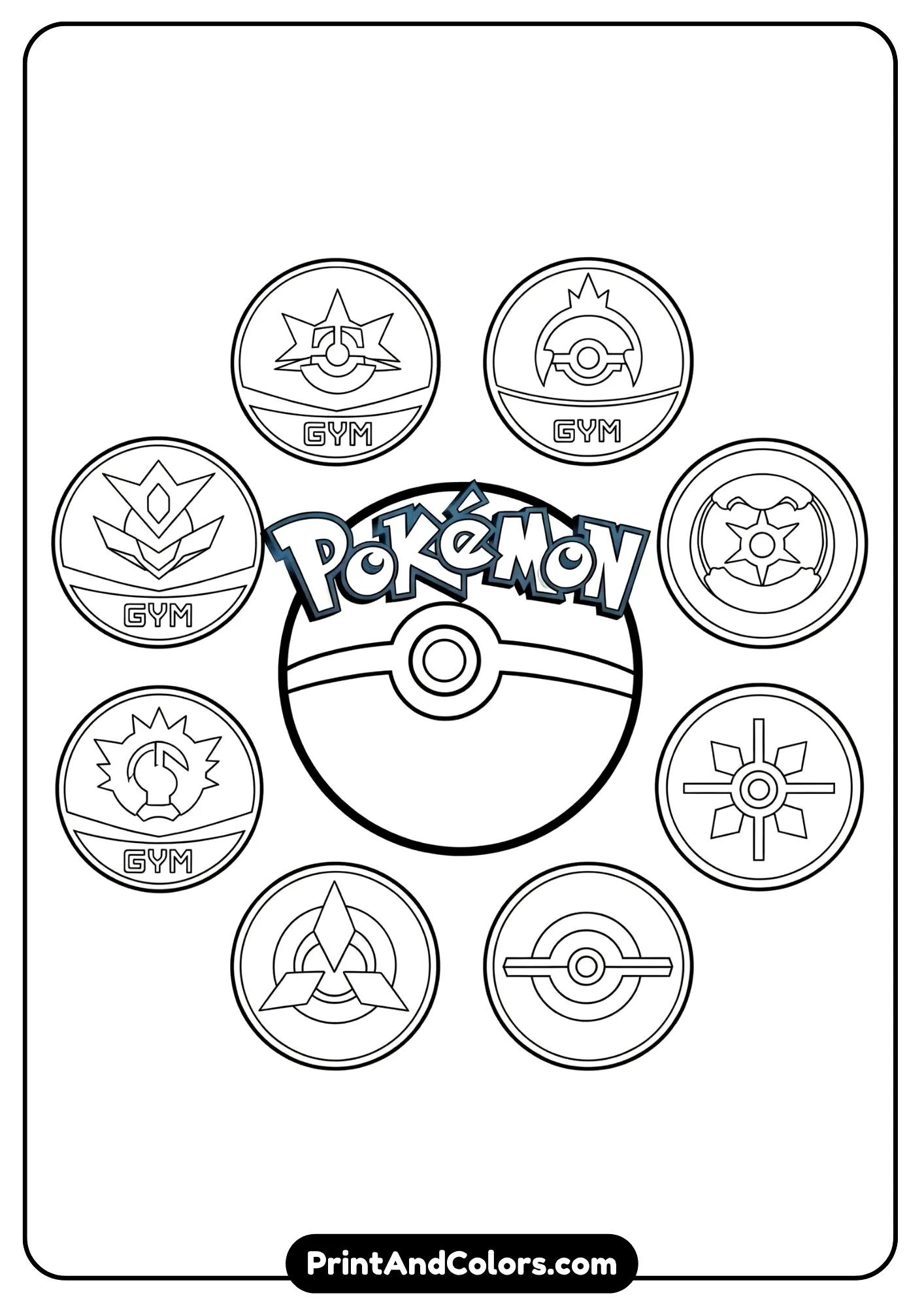 Pokemon logo and gym badges – detailed coloring sheet.