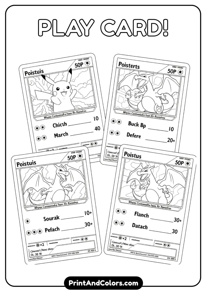 Black-and-white Pokemon card templates for coloring