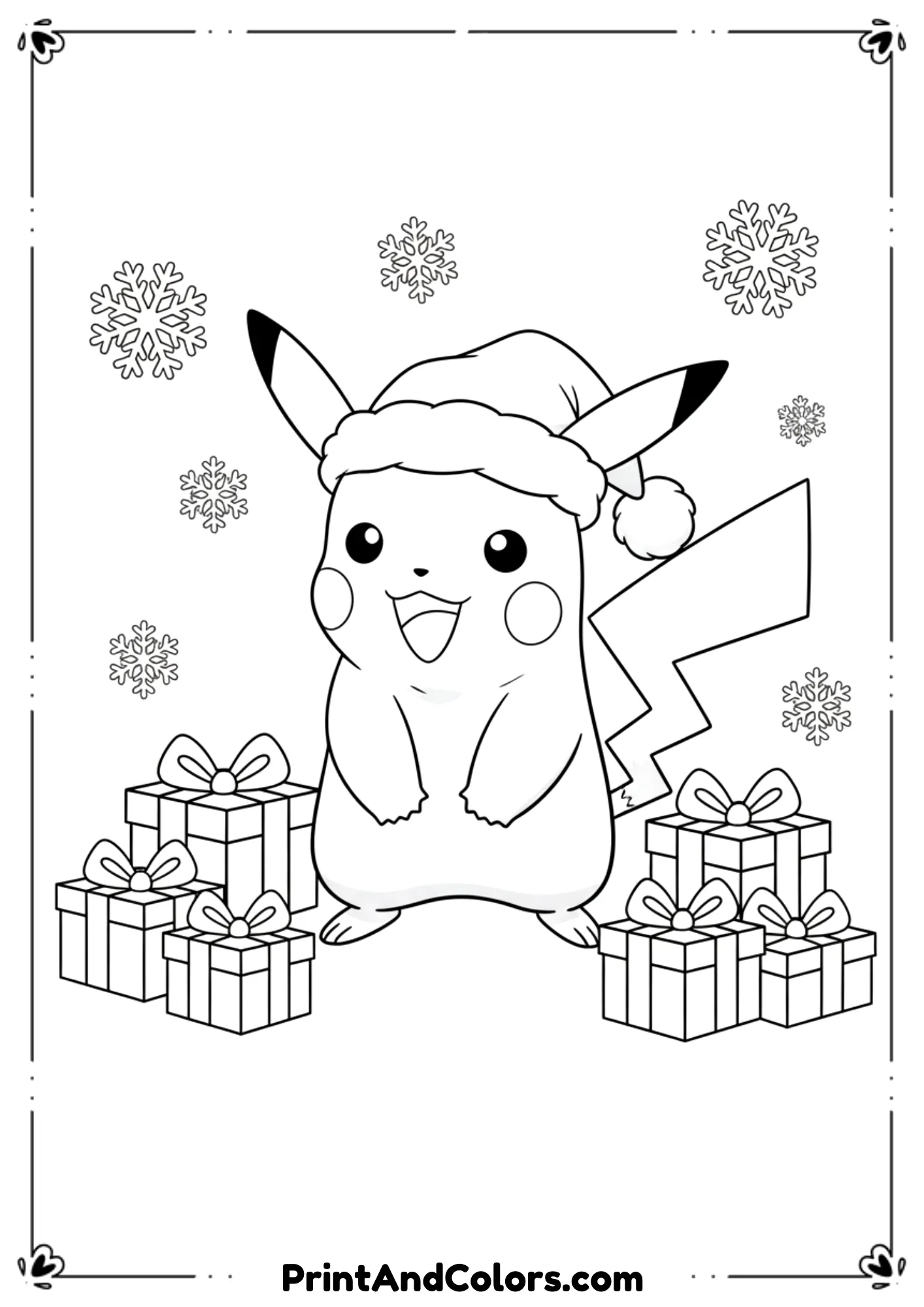 Outline of Pikachu wearing a Santa hat with Christmas presents and snowflakes around.
