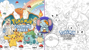Colorful cartoon-style Pokémon characters including Pikachu, Charizard, Bulbasaur, and Squirtle standing together under a rainbow sky, with the title 'Pokemon Coloring Pages' in fun bubble letters.