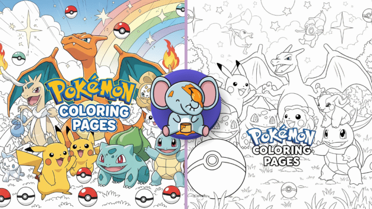 Colorful cartoon-style Pokémon characters including Pikachu, Charizard, Bulbasaur, and Squirtle standing together under a rainbow sky, with the title 'Pokemon Coloring Pages' in fun bubble letters.