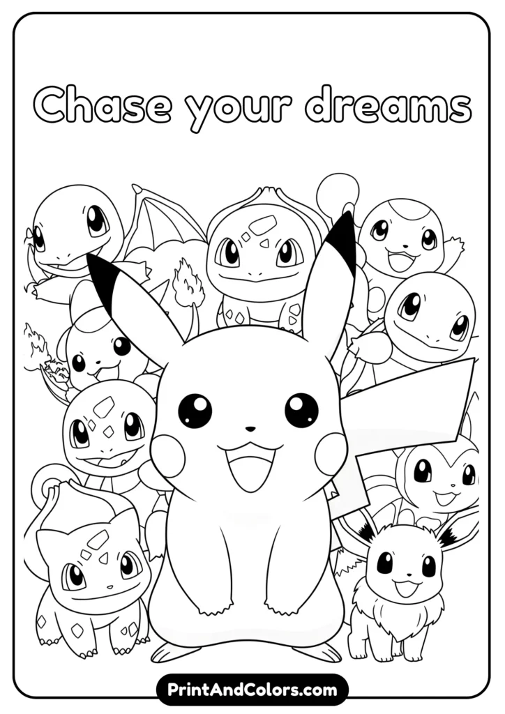 Black and white kawaii-style Pikachu and other Pokémon characters with big eyes and smiling faces, outlined clearly.