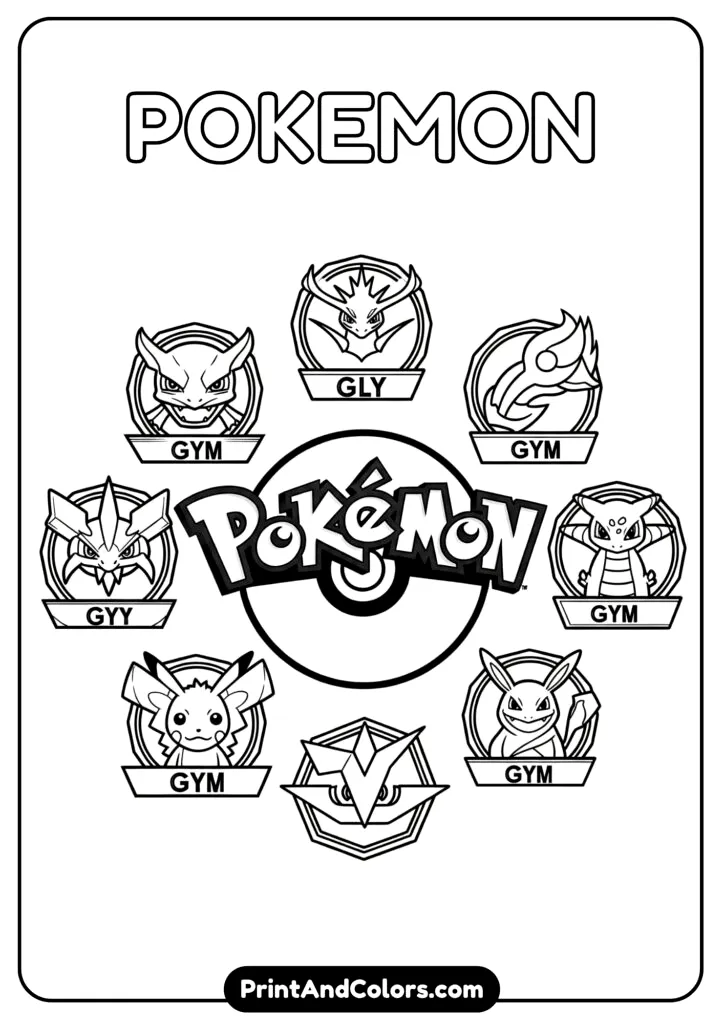 Pokemon logo and gym badges – collectible coloring page.