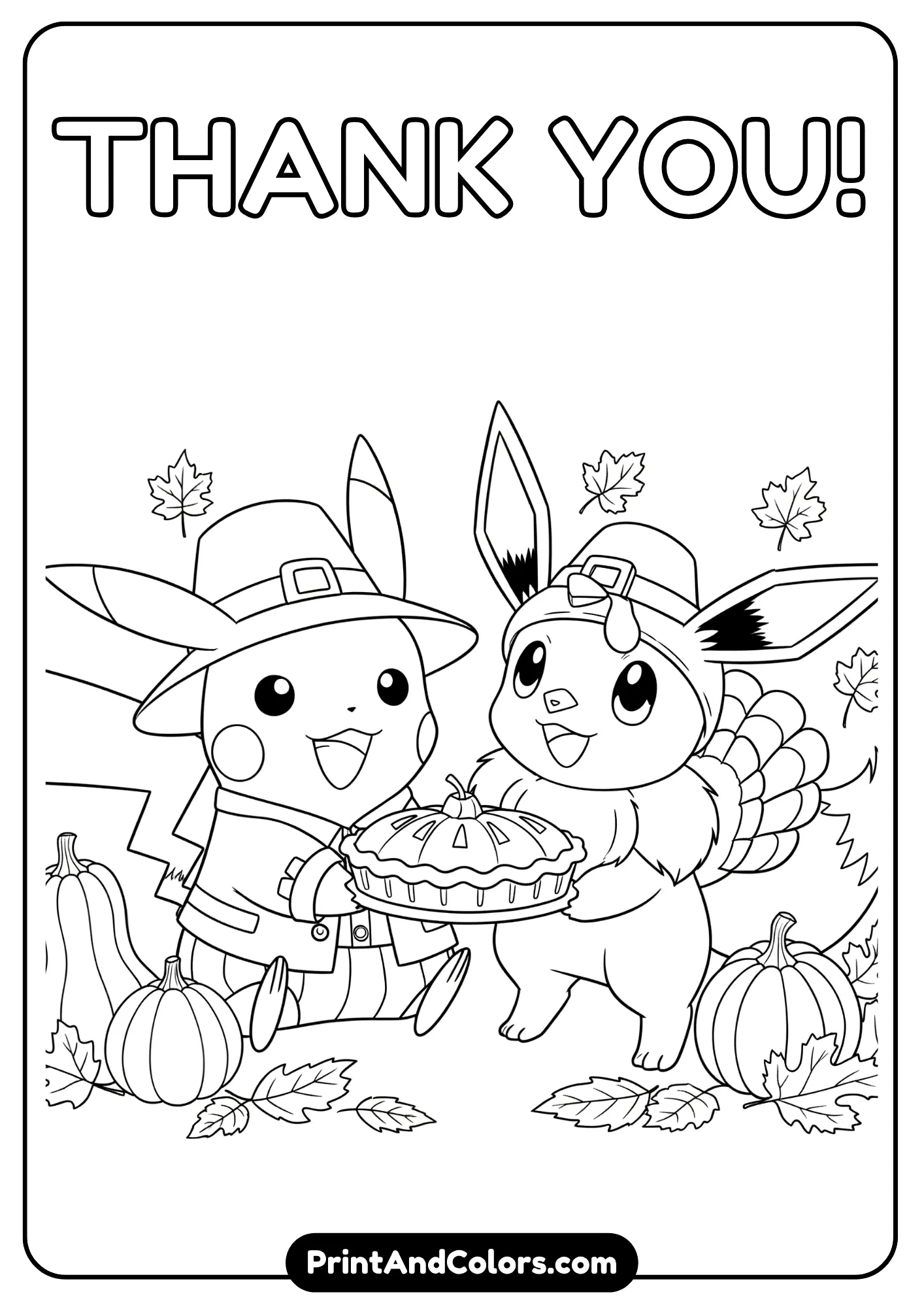 Pikachu and Eevee celebrating Thanksgiving – themed coloring page.