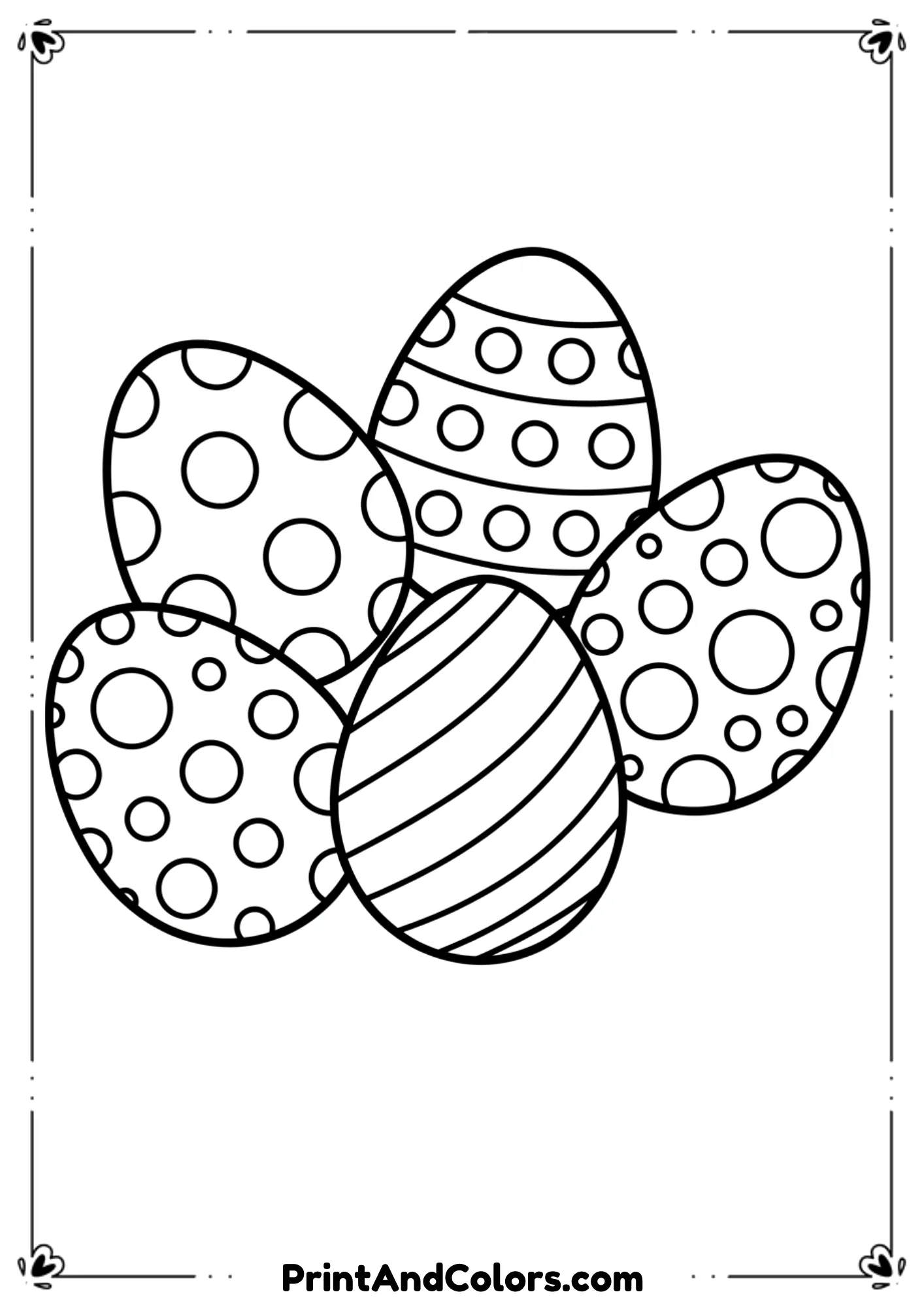 Simple black and white Easter egg outlines decorated with large polka dots.
