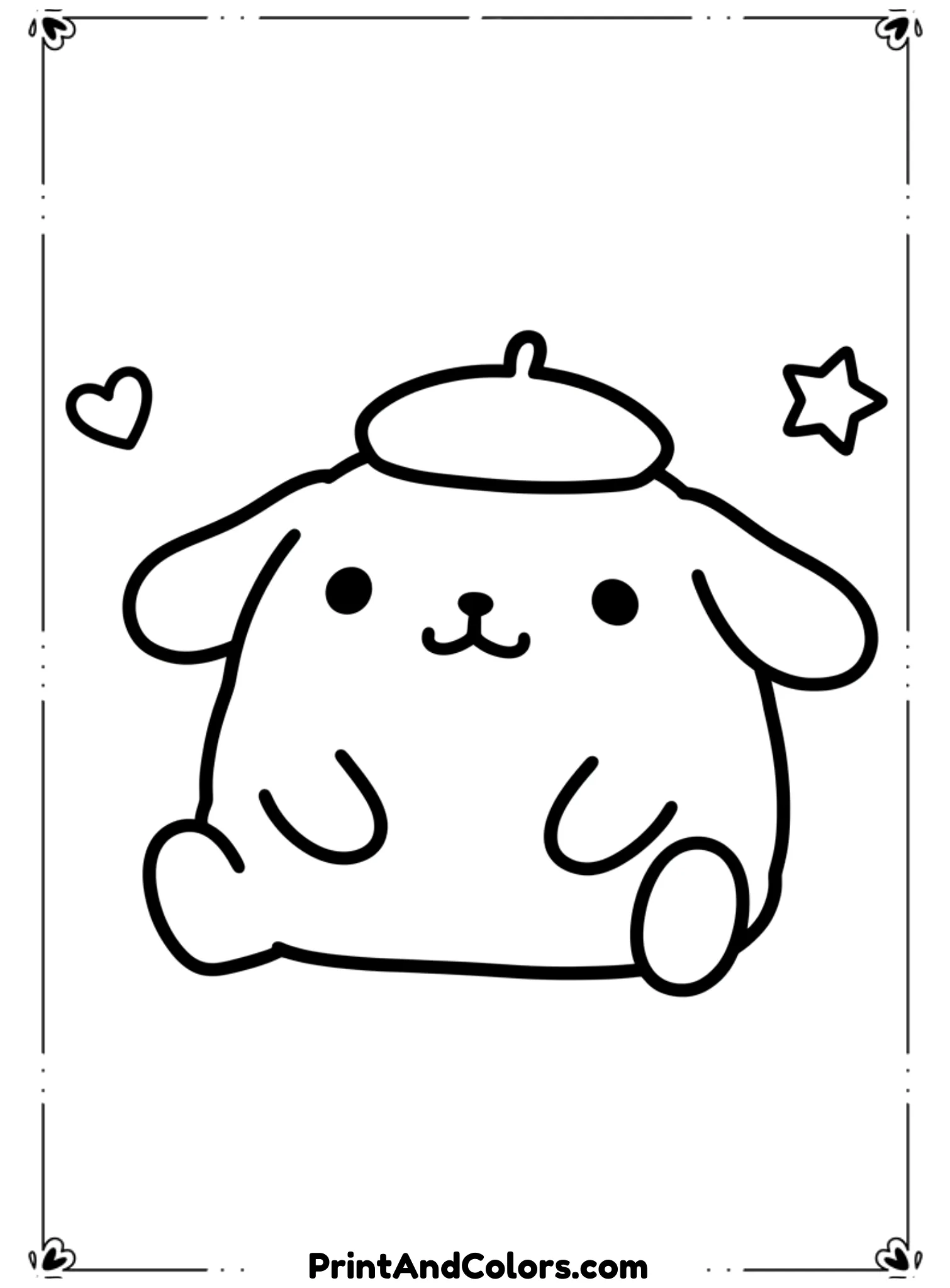  Illustrate PomPompurin sitting in a cute relaxed pose with both paws resting on the ground. His body should be round and soft with a gentle smile. Use thick, clean black outlines, no shading, no color, and a very simple background. Designed as printable line art suitable for kids and beginners.
