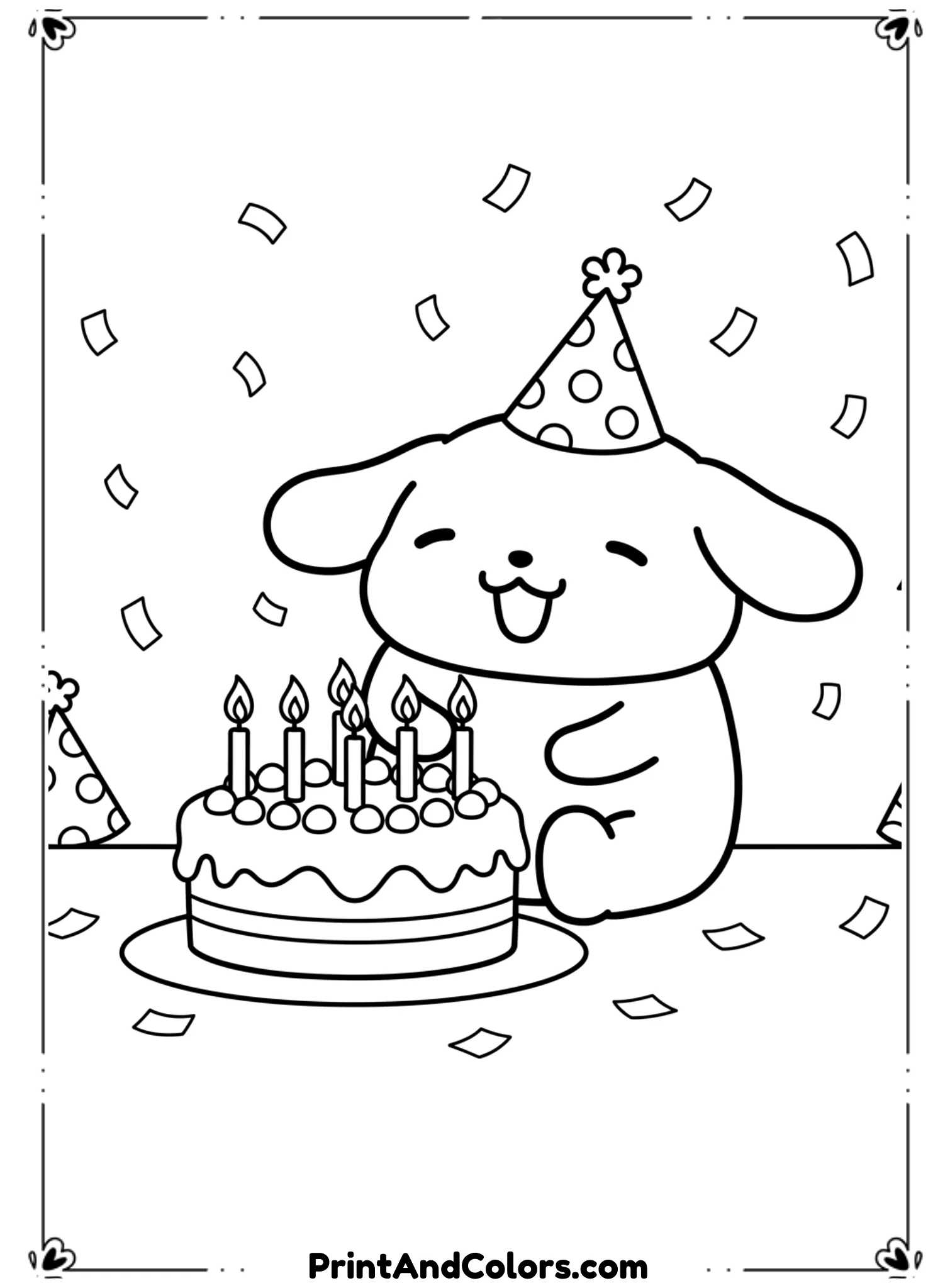 Create PomPompurin sitting beside a birthday cake with candles, smiling excitedly. Add party hats and confetti lightly. Use clear black line art, no shading, perfect for birthday coloring fun.
