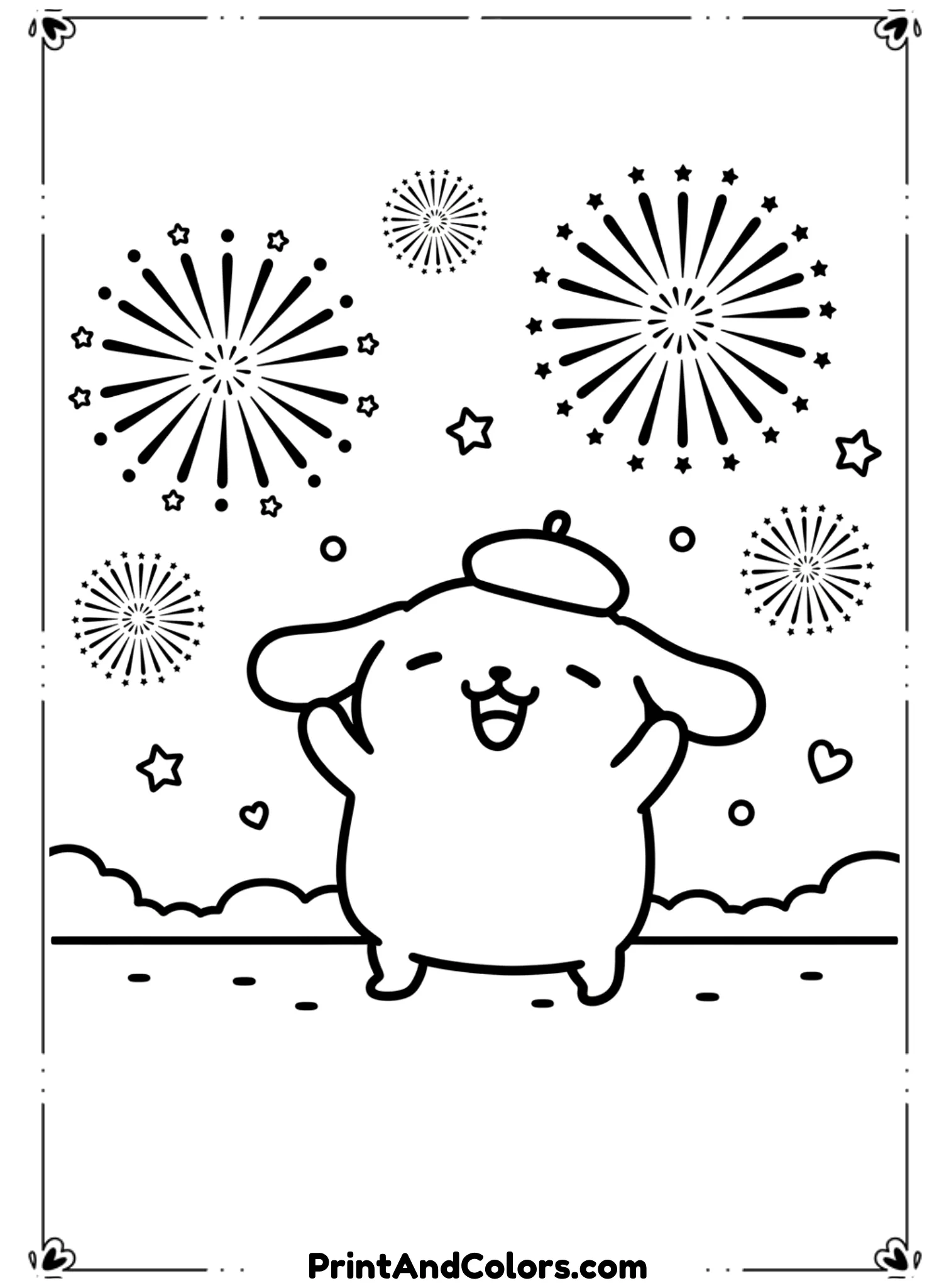  Draw PomPompurin smiling brightly while fireworks burst in the sky behind him. Fireworks should be simple line shapes. Use thick black outlines, no color, and a joyful composition.
