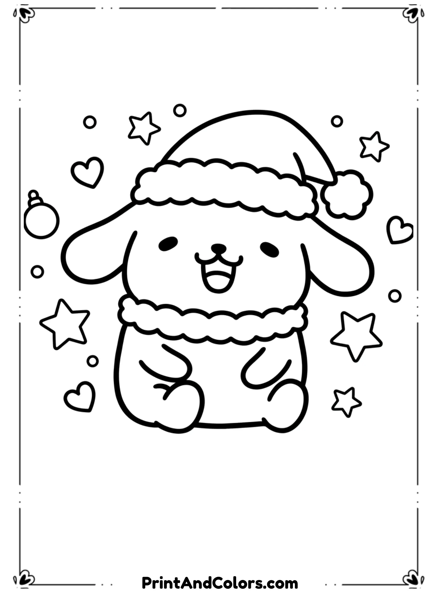 Draw PomPompurin wearing a fluffy Santa hat and smiling happily. Add small Christmas elements like stars or ornaments in the background. Use smooth black line art, bold outlines, no gray or shadows, and keep large spaces for easy holiday coloring.
