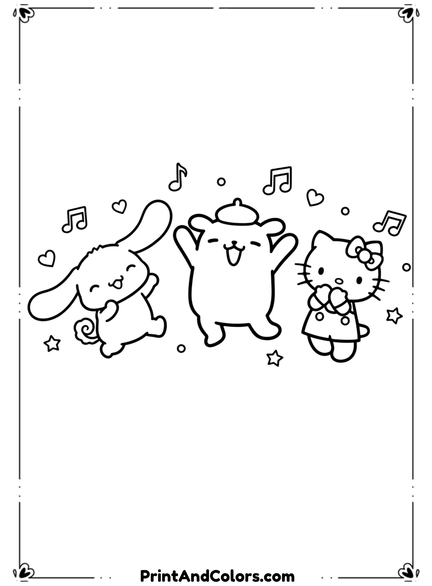 Illustrate PomPompurin dancing joyfully with friends, arms raised and musical notes floating around. Keep all characters simple and expressive. Use clean black line art, no shading, and open spaces for coloring.
