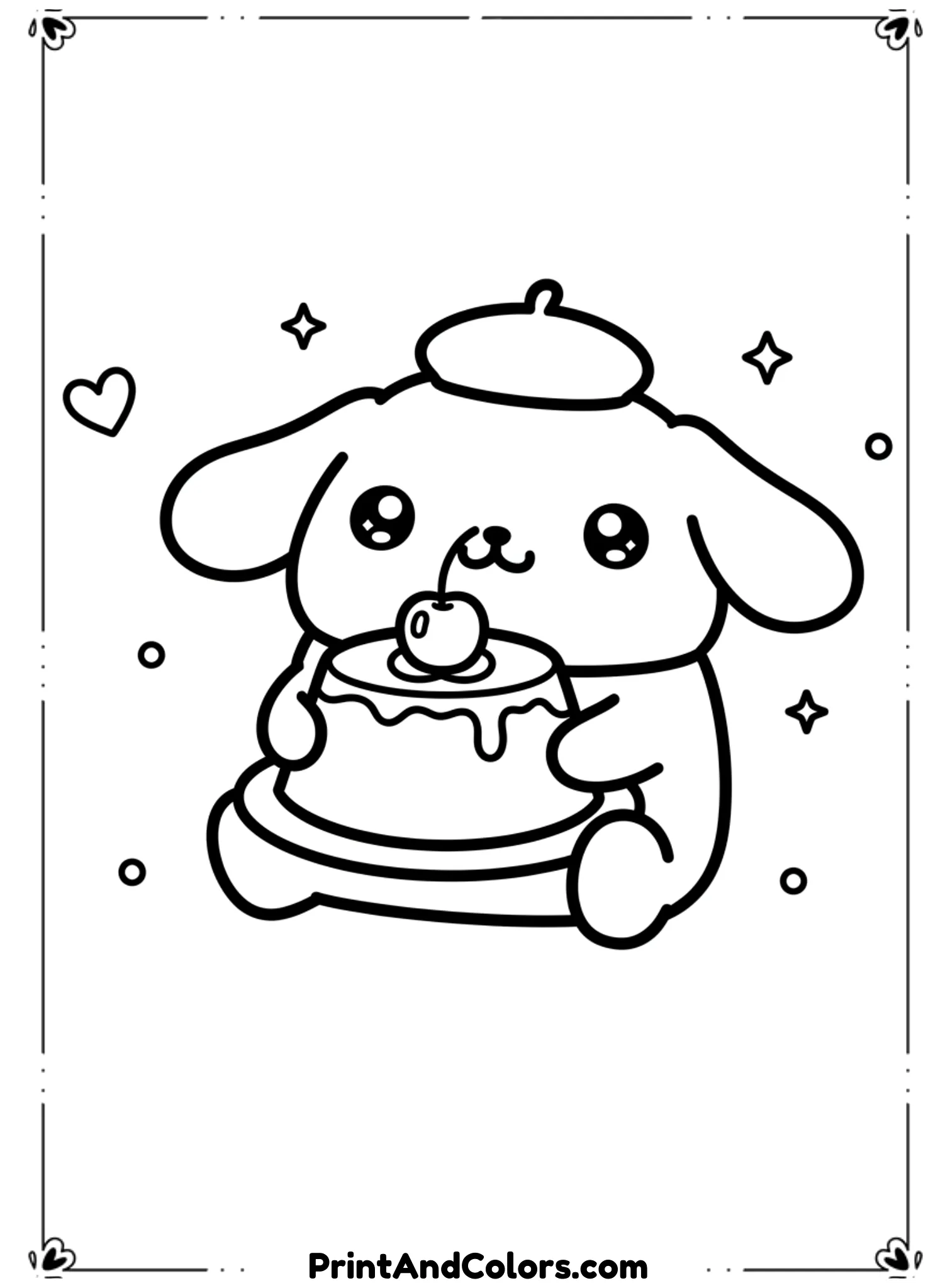  Draw PomPompurin holding a large pudding dessert with both paws, eyes wide and sparkling in kawaii style. The pudding should have a cherry on top with simple line details. Clean black line art, bold outlines, no fill or shading. Background kept minimal with small sparkles, designed for fun and relaxing coloring.
