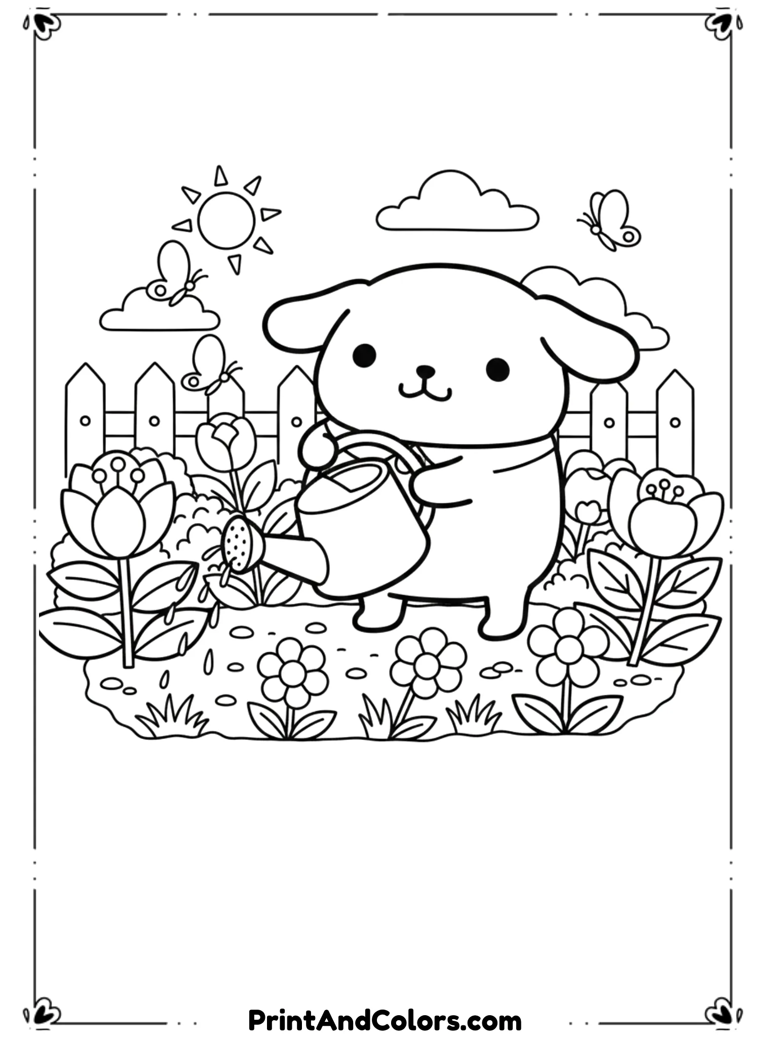 Illustrate PomPompurin holding a watering can, surrounded by blooming flowers. Use rounded flower shapes and bold black outlines. Simple garden scene with open spaces for coloring.
