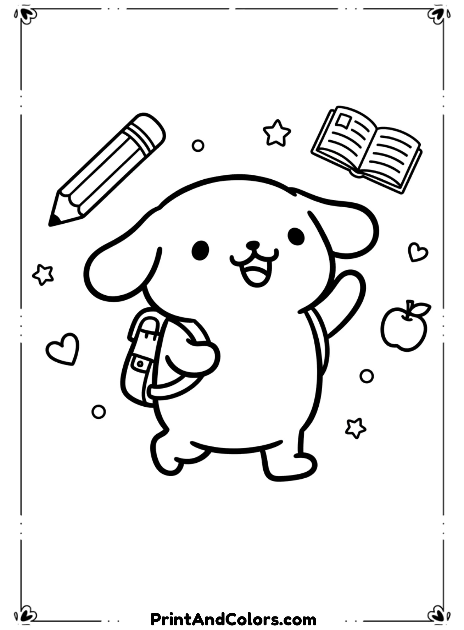  Illustrate PomPompurin wearing a backpack and walking happily, ready for school. Add simple school elements like a pencil or book. Use clean black line art and no shading.
