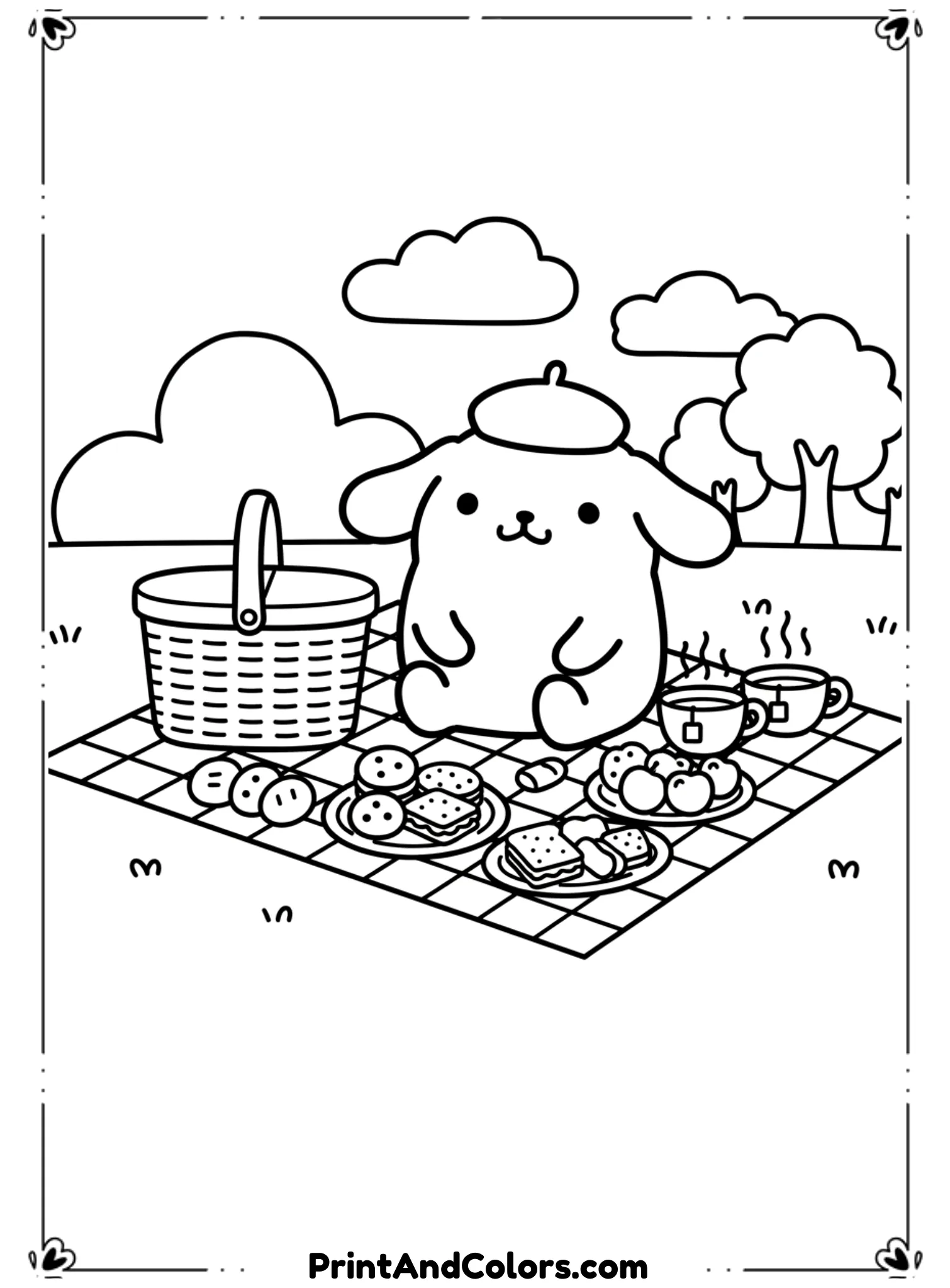 Draw PomPompurin sitting on a picnic mat with snacks, tea cups, and a basket. The outdoor scene should include simple trees or clouds in the background. Use clean, bold black outlines with rounded shapes. No color, no gradients, open spaces for coloring.
