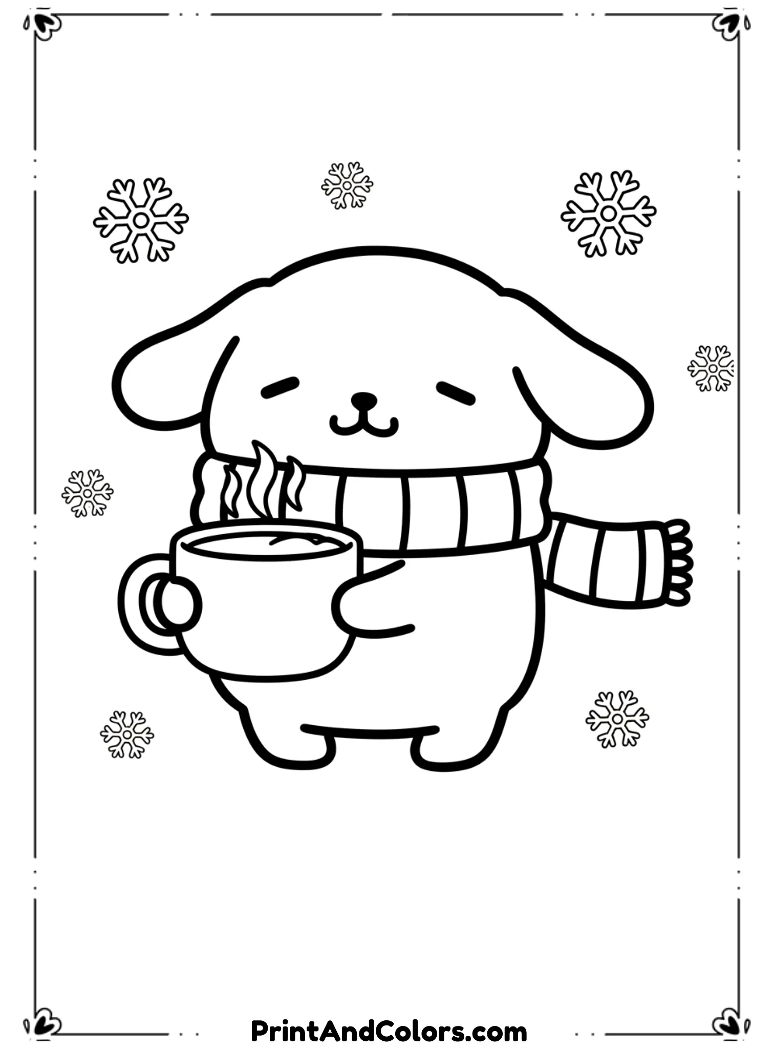  Illustrate PomPompurin holding a warm cup of hot cocoa with steam rising. He wears a cozy scarf. Use thick black outlines, simple winter elements like snowflakes. No color or shading.
