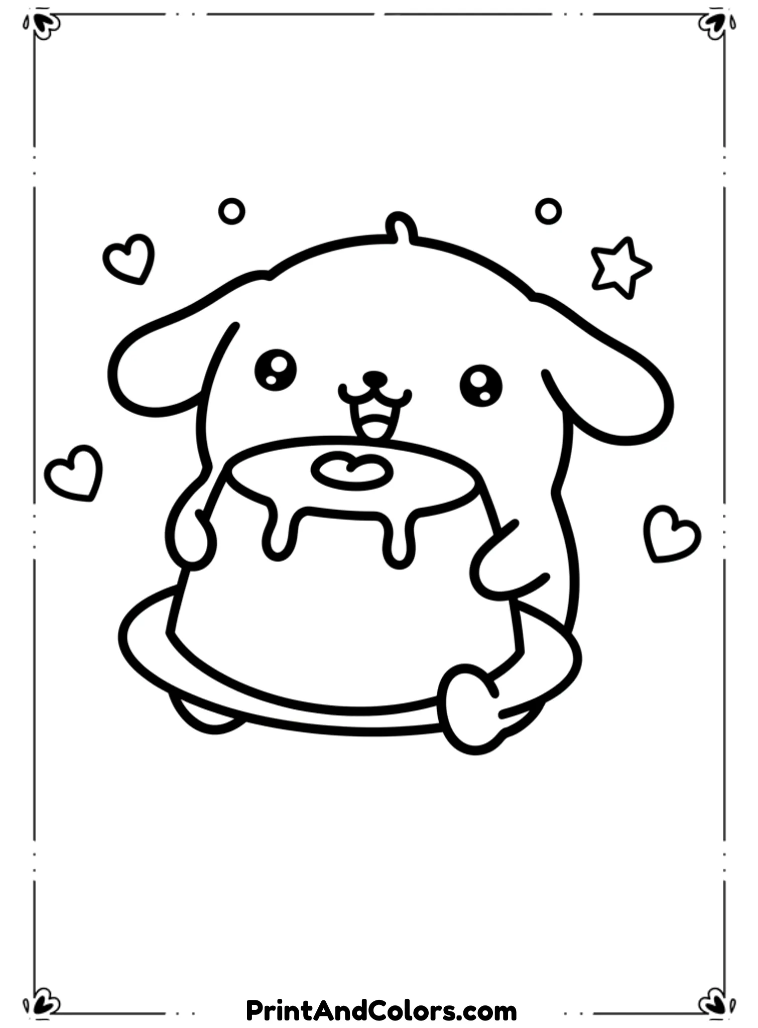  Illustrate PomPompurin holding an oversized pudding dessert with excitement. The pudding should be round and simple. Use bold black outlines and no shading.
