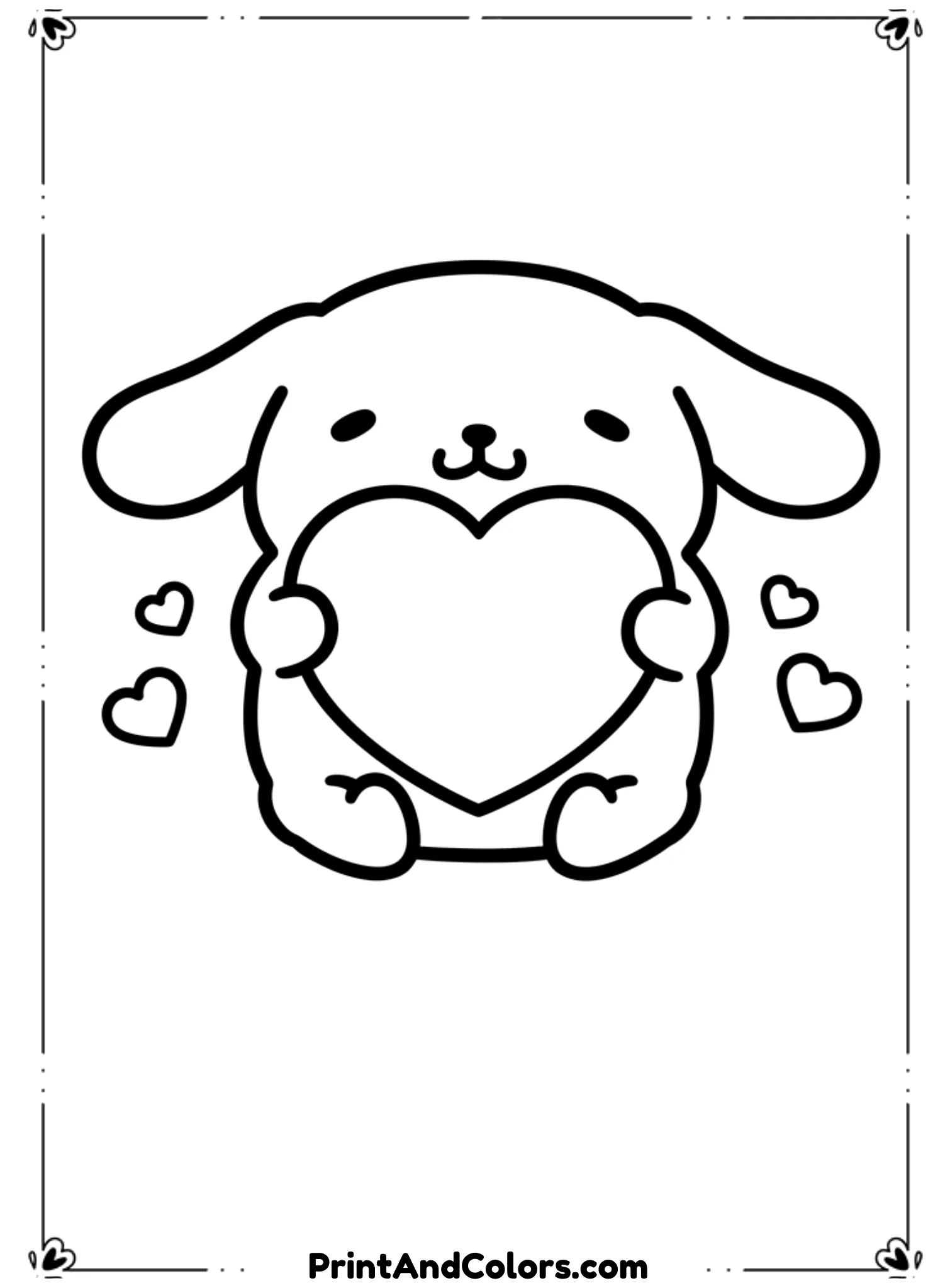 Draw PomPompurin holding a large heart with both paws, smiling softly. His pose should feel loving and gentle. Use thick black outlines, smooth curves, no background clutter. Add small hearts floating around, perfect for a cute coloring page.
