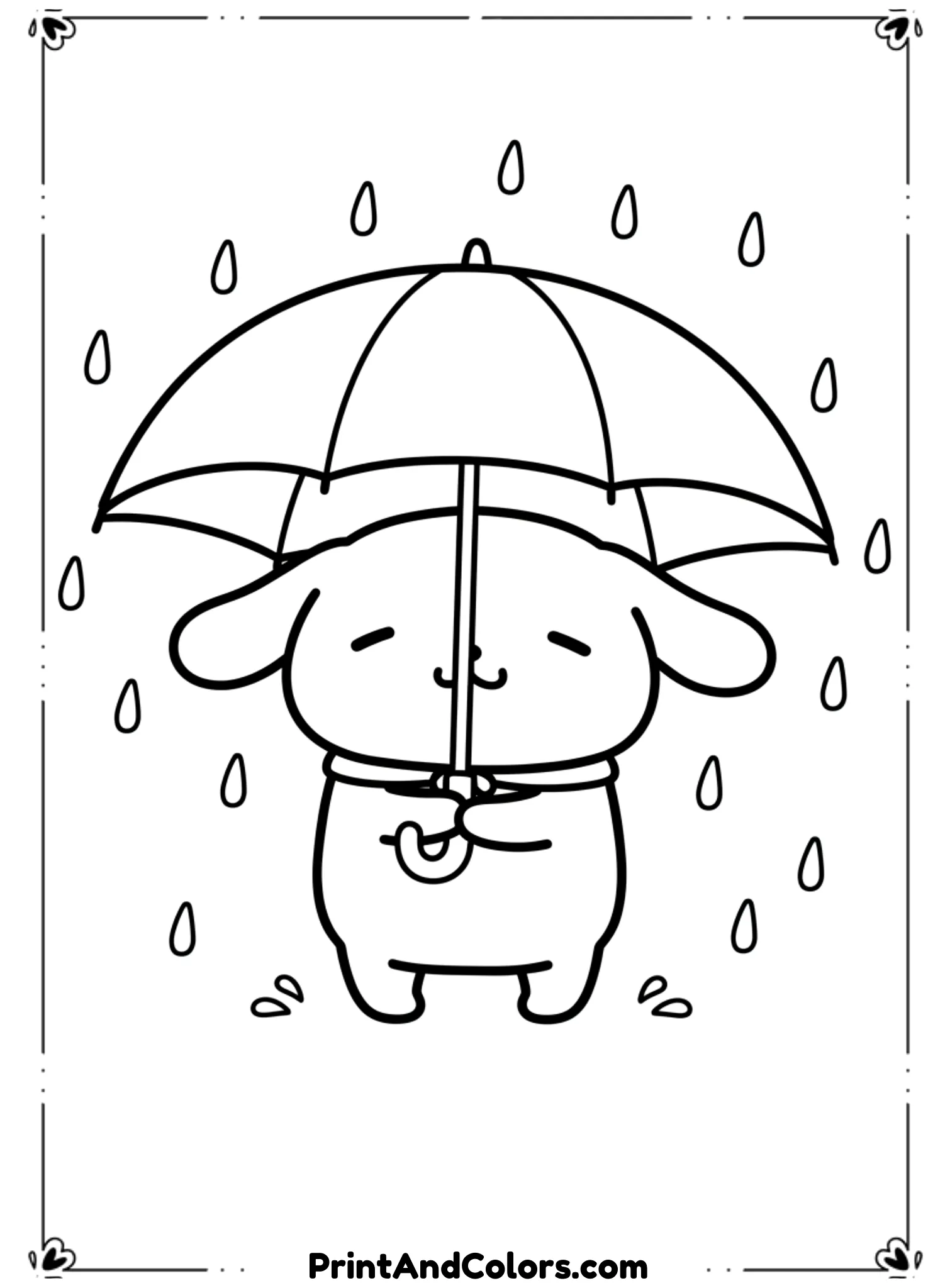  Illustrate PomPompurin holding an umbrella with raindrops falling around him. His smile is gentle. Use clean black outlines, simple raindrop shapes, no background clutter.
