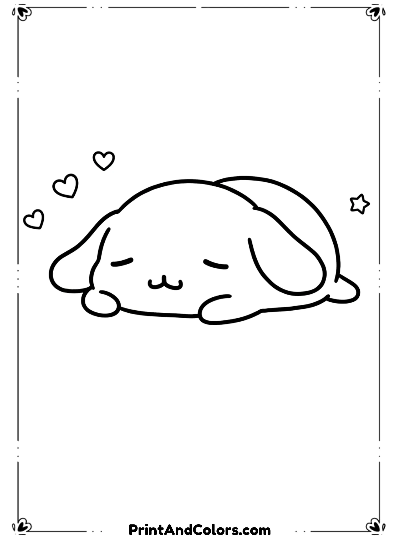 Draw PomPompurin lying down in a relaxed pose with eyes gently closed or smiling. Use smooth black outlines and minimal details. No background or just small hearts for calm coloring.
