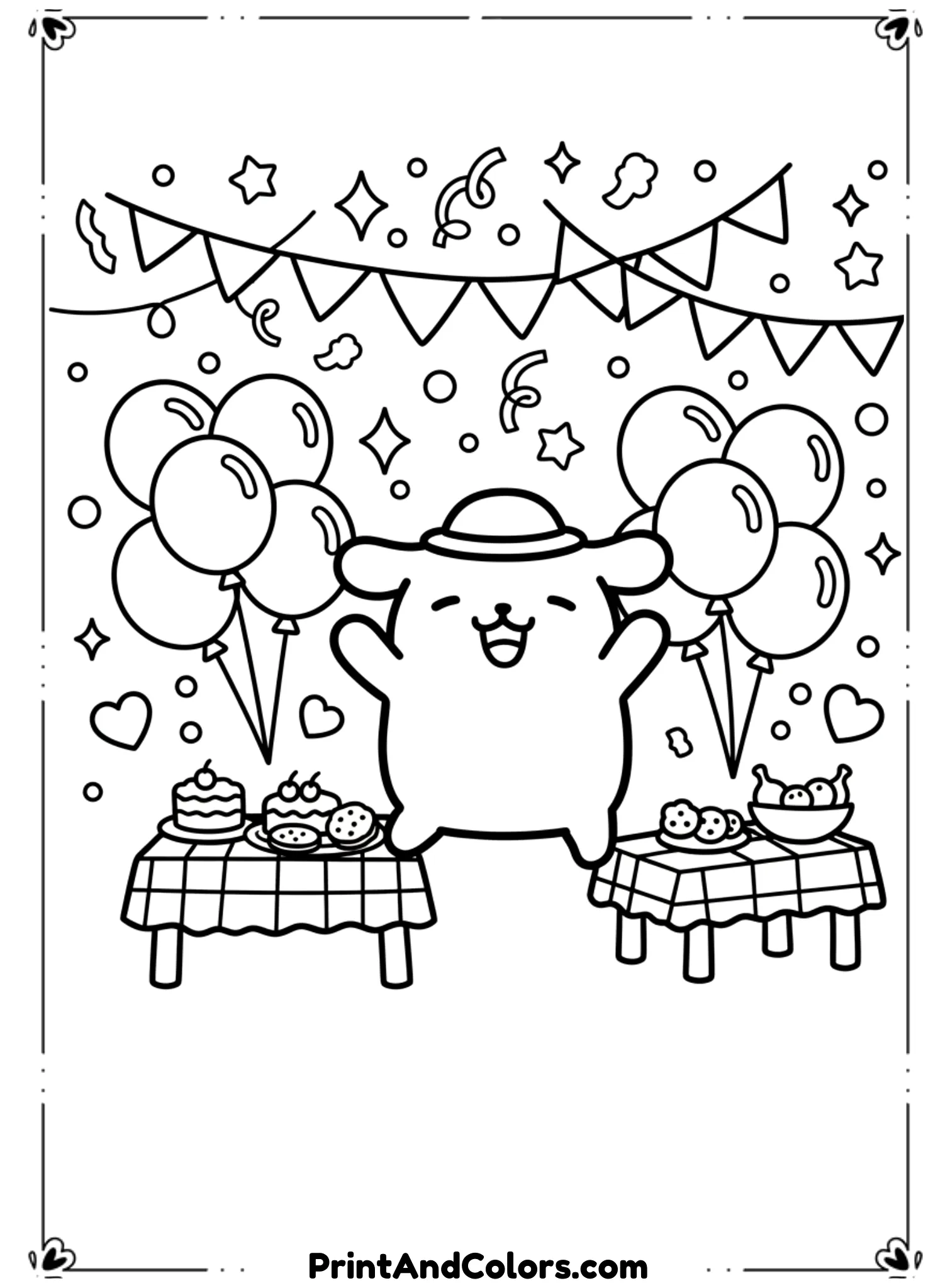  Create a party scene with PomPompurin surrounded by balloons, snacks, and party decorations. He should look excited and cheerful. Use bold black outlines, simple party elements, no shading.
