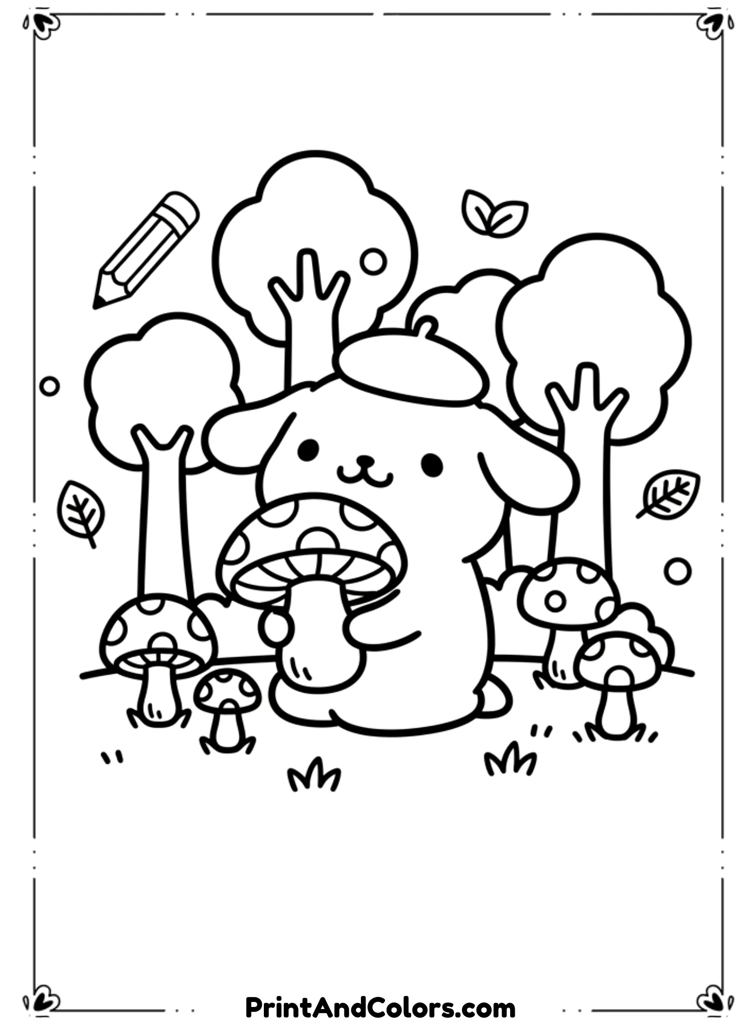  Create a forest scene where PomPompurin is picking mushrooms. Trees and mushrooms should be simple and rounded. Use clear black outlines and minimal background details.
