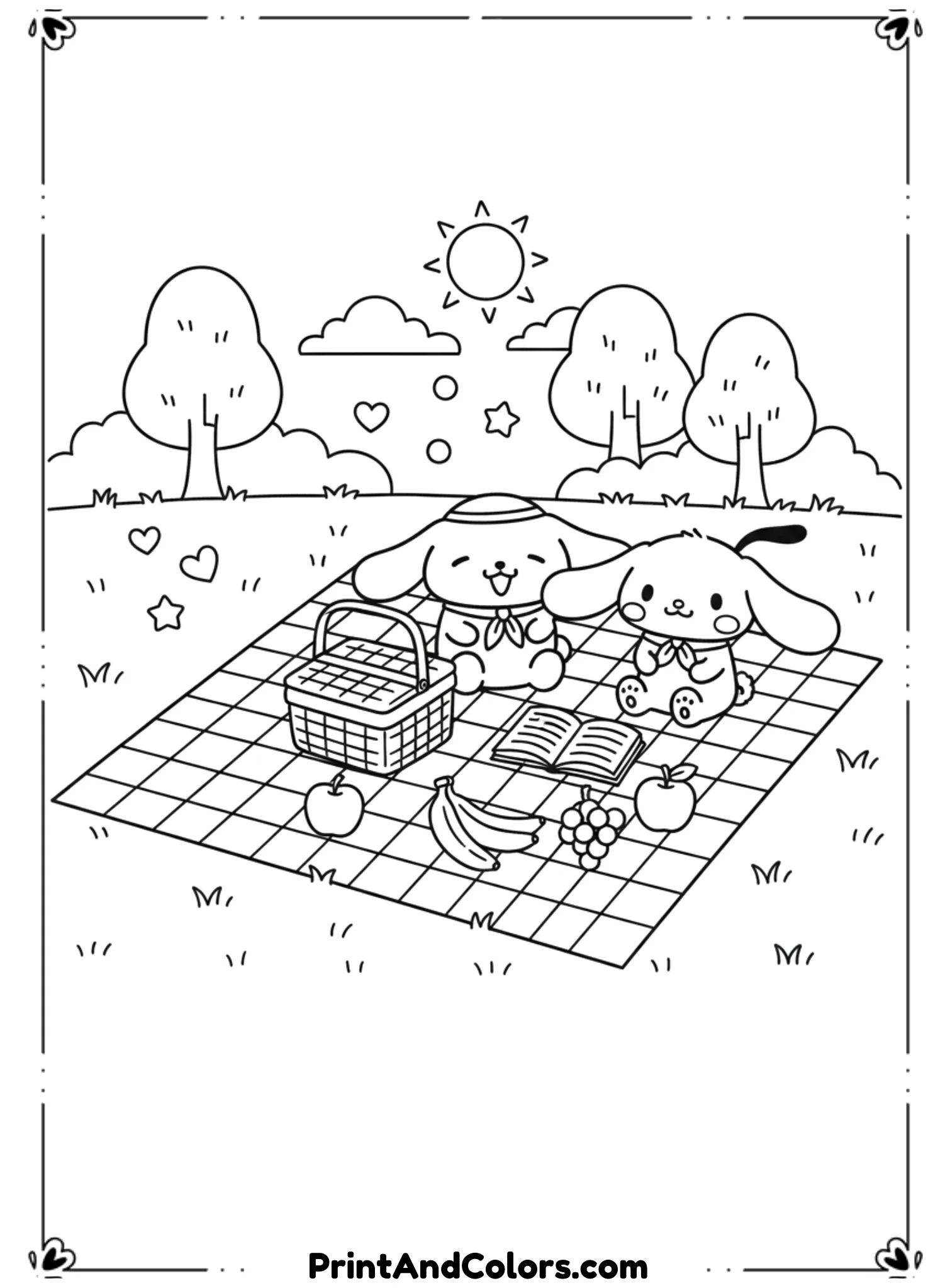  Create a picnic scene showing PomPompurin with friends, fruits, and a picnic basket. Characters should be seated happily. Use clean black line art and spacious layout.
