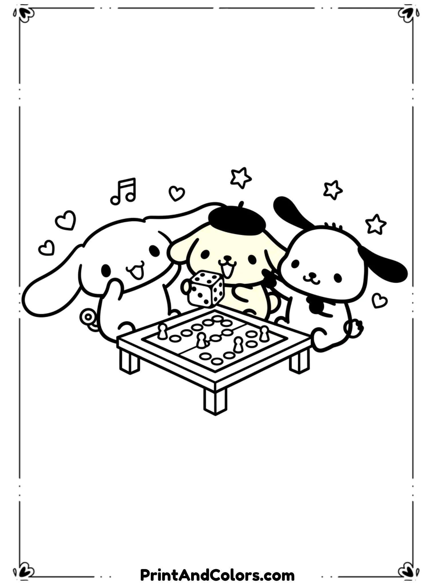  Illustrate PomPompurin playing a fun game with friends, such as board games or simple playtime activities. Characters should appear excited and friendly. Use thick black outlines and a clean layout.
Alt Text:
