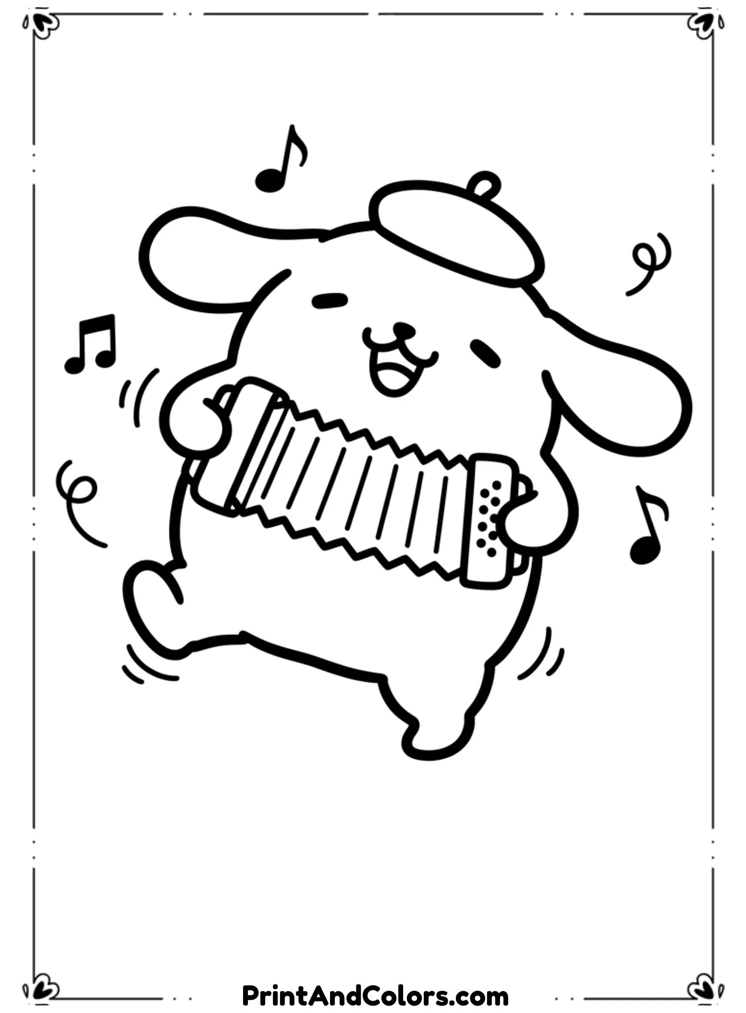  Draw PomPompurin dancing happily while playing music, with musical notes floating around. His pose is energetic and joyful. Use bold black outlines, no shading, fun rhythm-themed coloring page.
