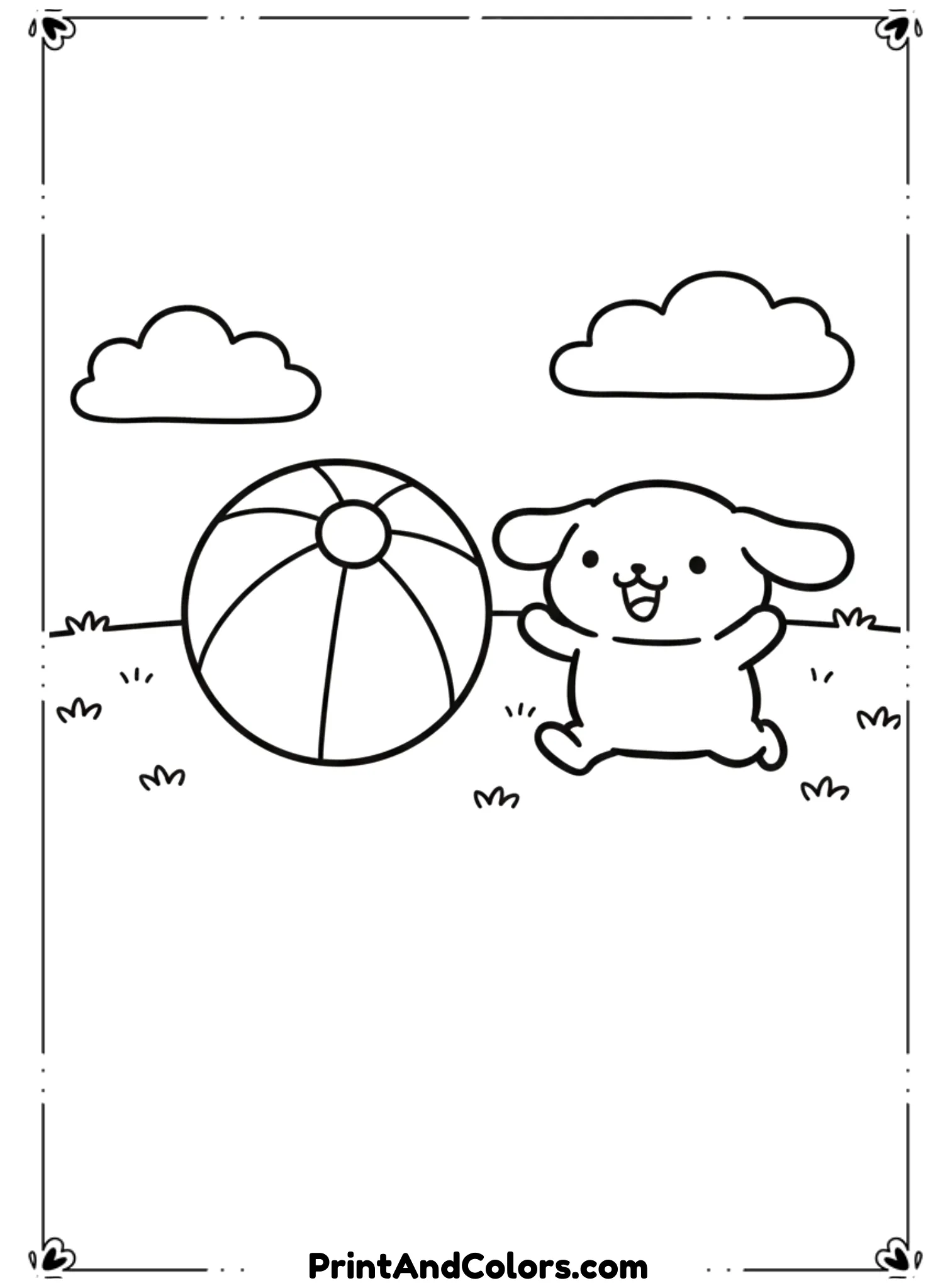  Illustrate PomPompurin playing with a ball outdoors, smiling excitedly. Add simple ground and cloud shapes. Use bold black line art, no shading.
