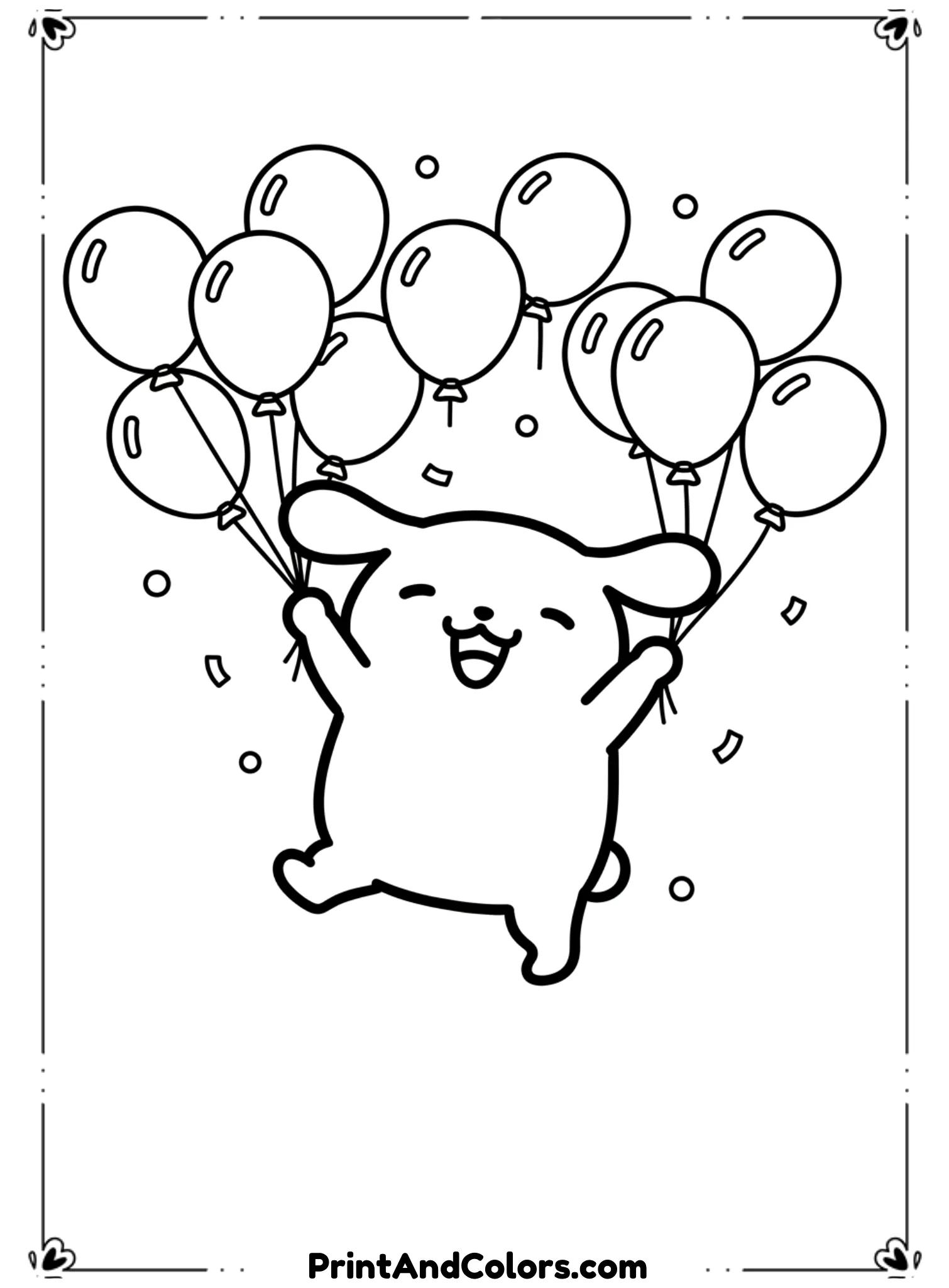  Draw PomPompurin surrounded by floating balloons at a party. He is smiling and reaching toward the balloons. Use thick black outlines, simple balloon shapes, no shading. Confetti details kept minimal for clean coloring.
