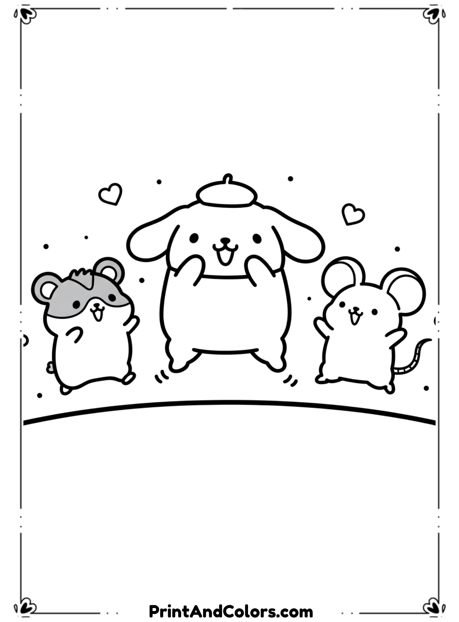  Create a friendly scene with PomPompurin playing with Muffin and Scone. All characters should have happy expressions and simple poses like clapping or jumping. Draw with thick black outlines, cute chibi proportions, no shading. Simple grass or floor line beneath them, ideal for kids coloring.
