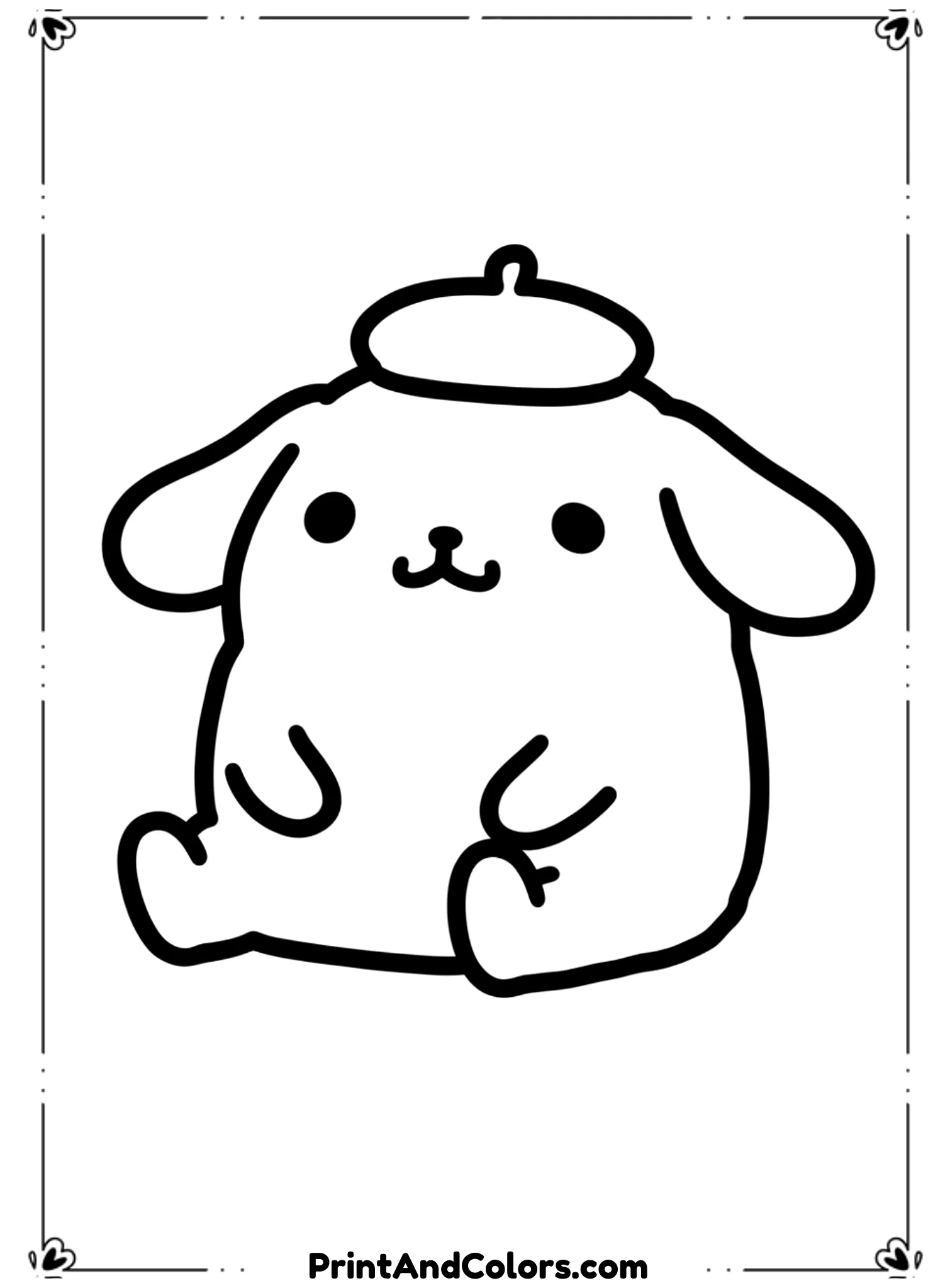  Create a simple centered illustration of PomPompurin sitting calmly. Use extra thick black outlines, minimal details, and large open areas. No background elements, designed specifically for easy printable coloring PDFs.
