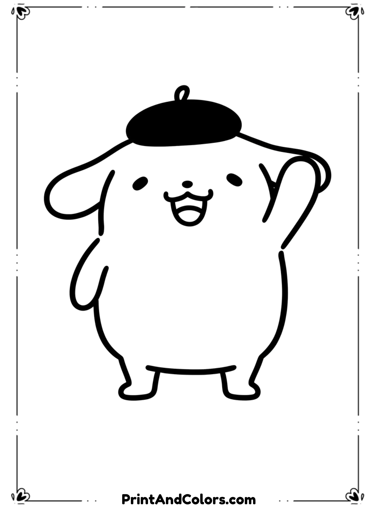  Draw PomPompurin standing and waving with one paw raised, smiling warmly. Use bold black outlines, simple body shapes, and no background clutter.
