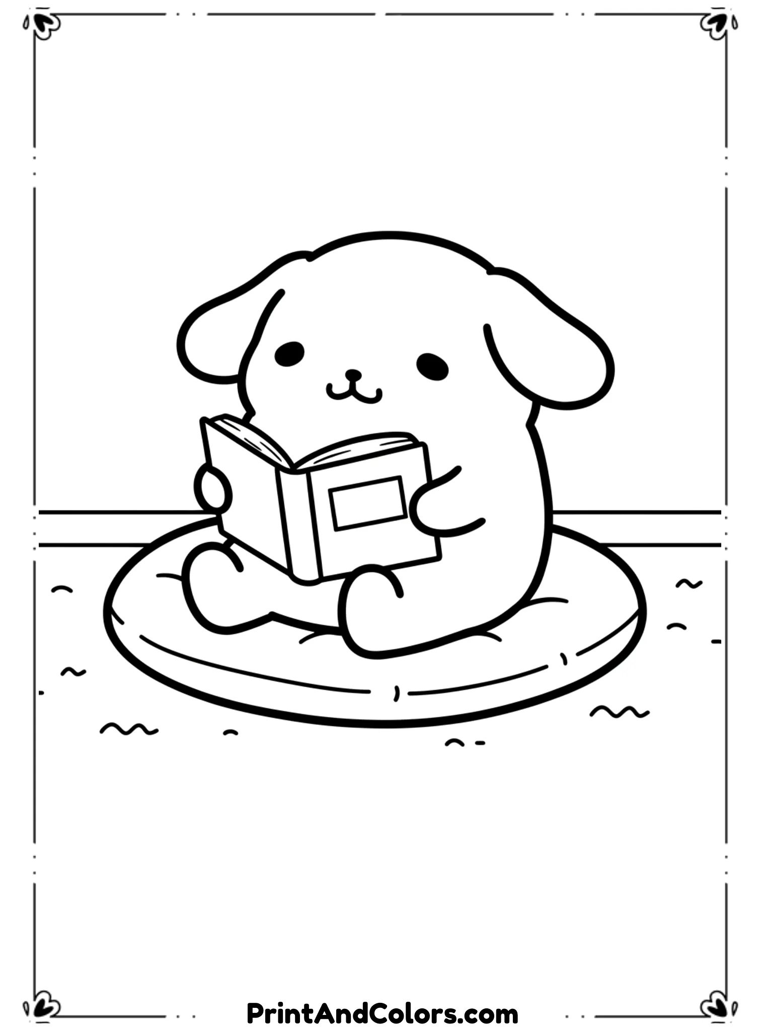  Draw PomPompurin sitting comfortably while reading a book. His expression is calm and focused. Add a simple floor or cushion. Use thick black outlines and no shading for peaceful coloring.
