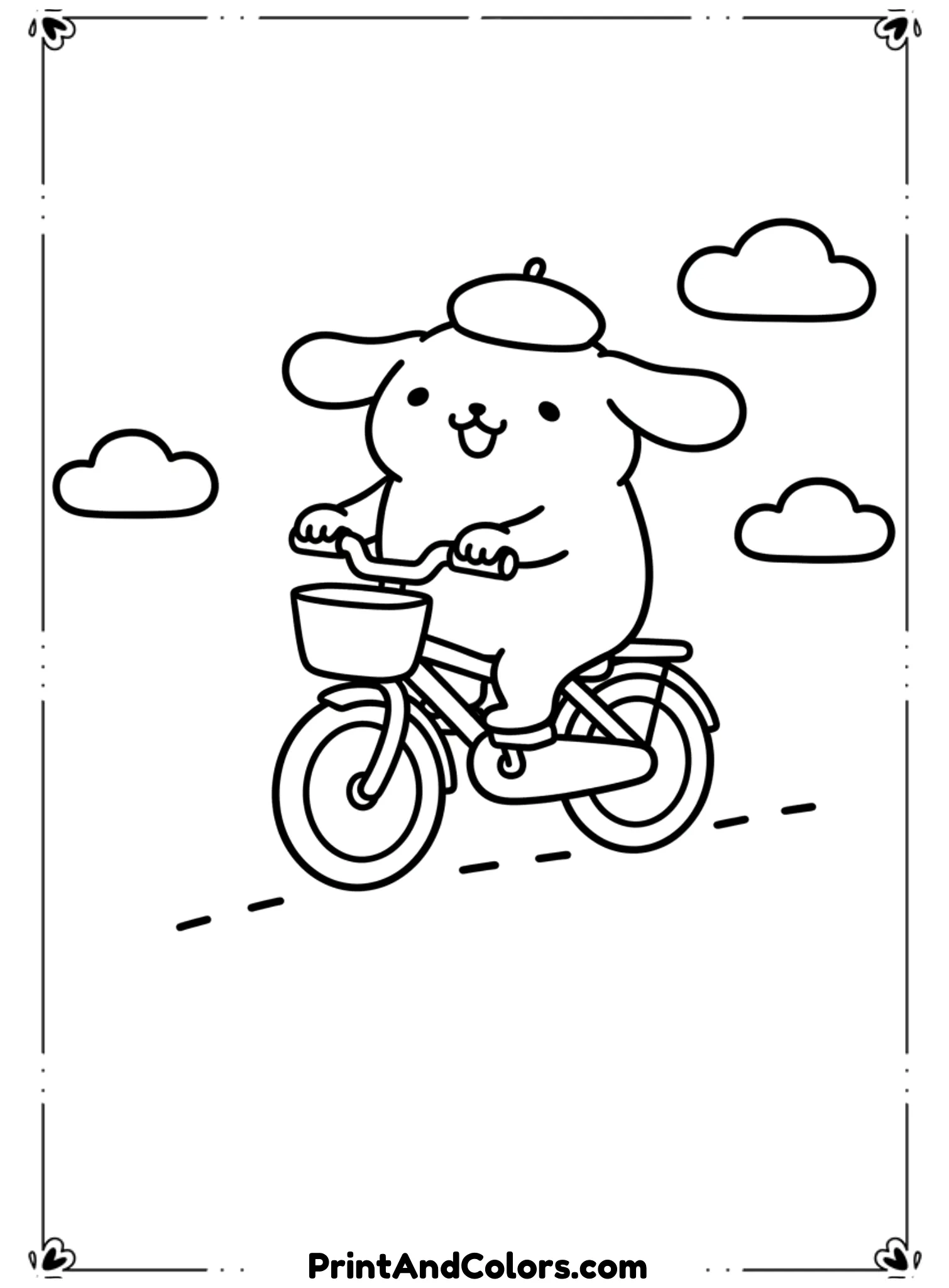  Create PomPompurin riding a bicycle with a joyful smile, ears bouncing slightly. The bicycle should be simple and rounded. Use bold black line art, no shading. Add minimal background like clouds or road lines for coloring ease.
