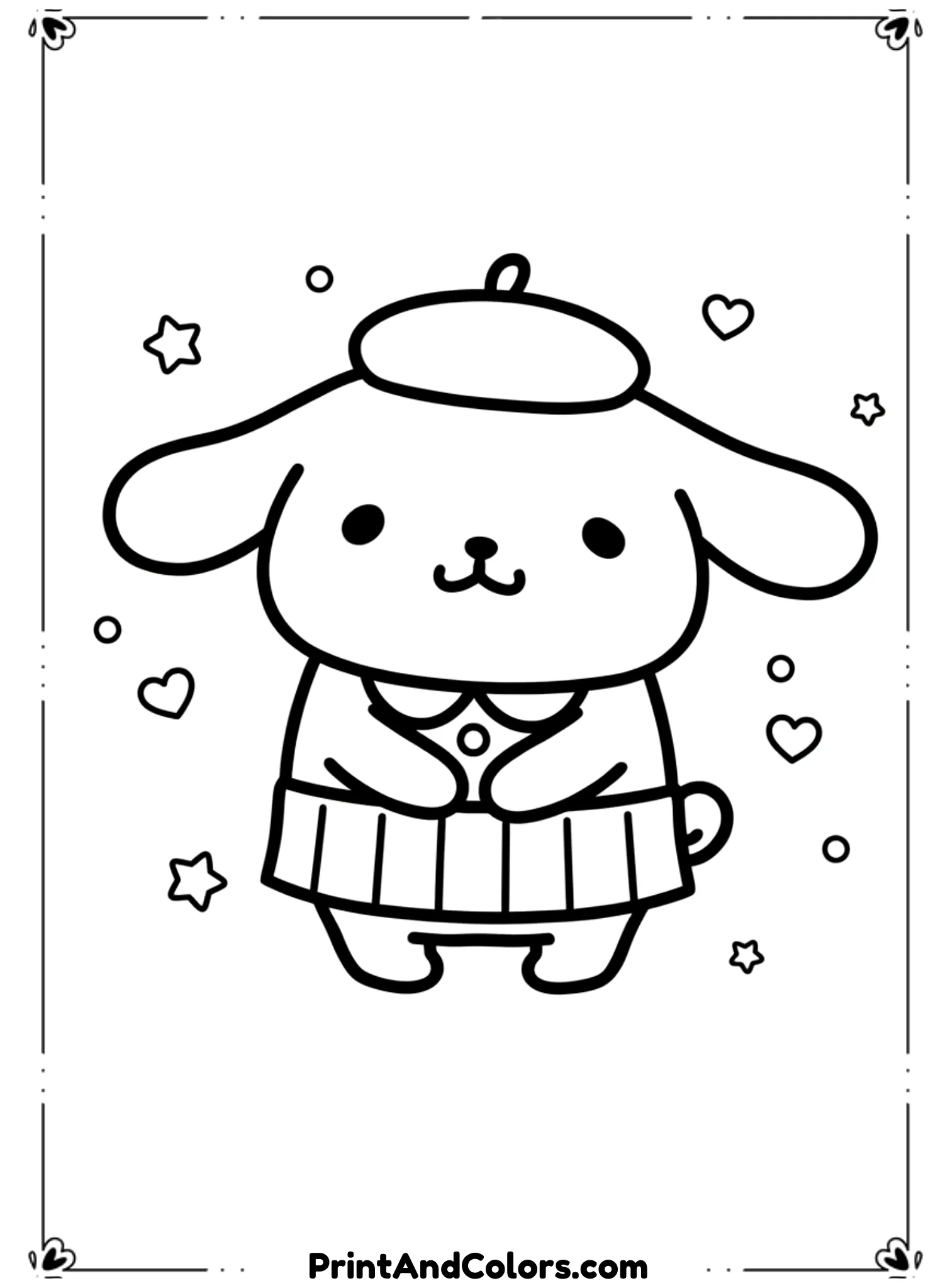  Illustrate PomPompurin in official Sanrio-style proportions, standing in a cute character scene. Use smooth black outlines, simple pose, and gentle facial expression. Background kept light with small decorative icons.
