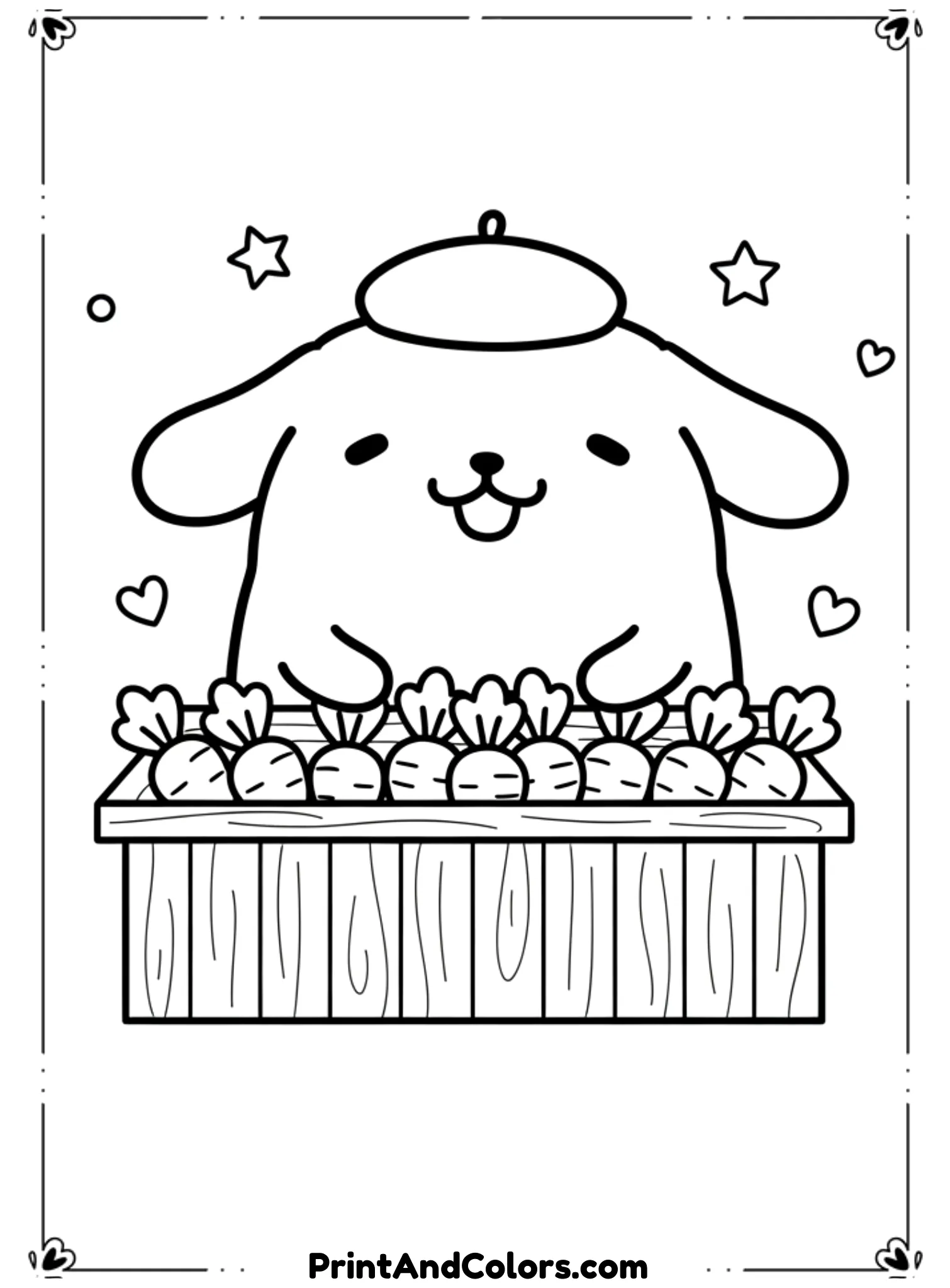 Illustrate PomPompurin standing behind a small market stall filled with carrots. His expression is cheerful and welcoming. Use clean black outlines, simple vegetable shapes, no shading, and a child-friendly composition.
