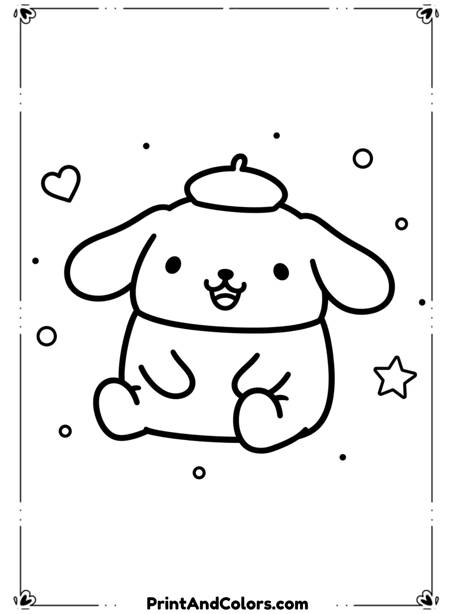  Illustrate PomPompurin sitting happily on the ground, wearing his signature beret on top of his head. His legs are stretched forward, arms relaxed, and face shows a big cheerful smile. Use thick, smooth black outlines, rounded kawaii features, no shadows, no color. Minimal background with small dots or hearts, perfect for children’s coloring activities.
