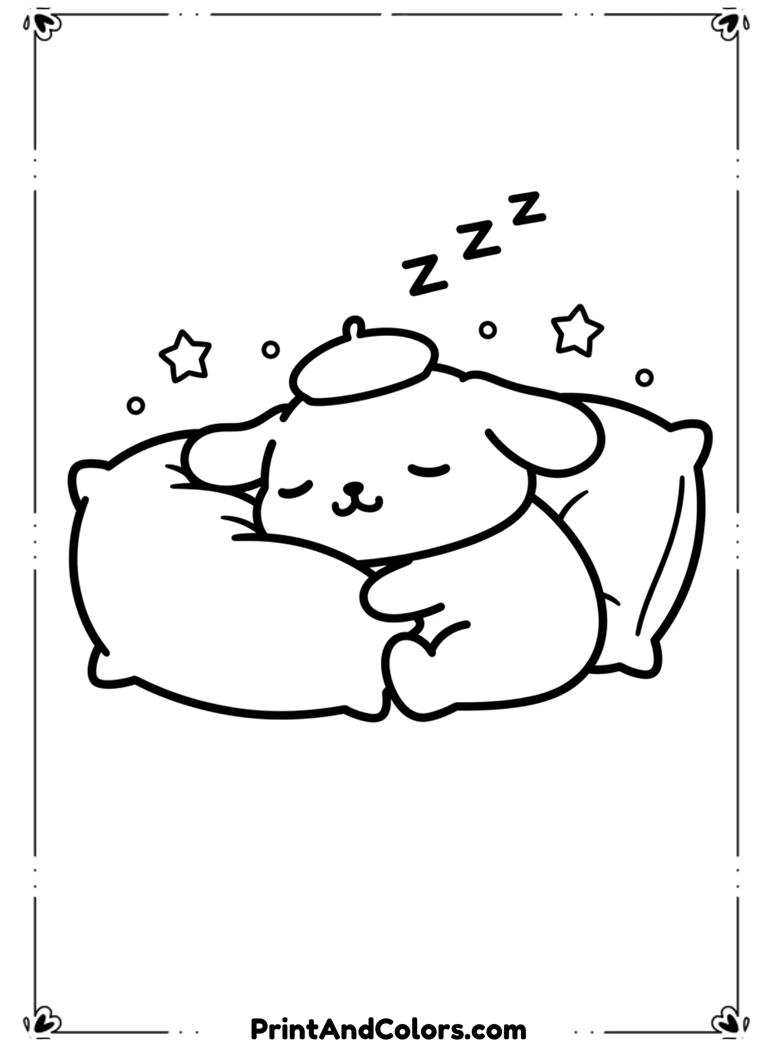  Illustrate PomPompurin sleeping peacefully on a soft, fluffy pillow. His eyes are closed, mouth relaxed, ears resting gently. Use rounded shapes and smooth black outlines. Add small “Zzz” symbols and stars. No background clutter, large open areas for easy coloring, printable black and white line drawing.
