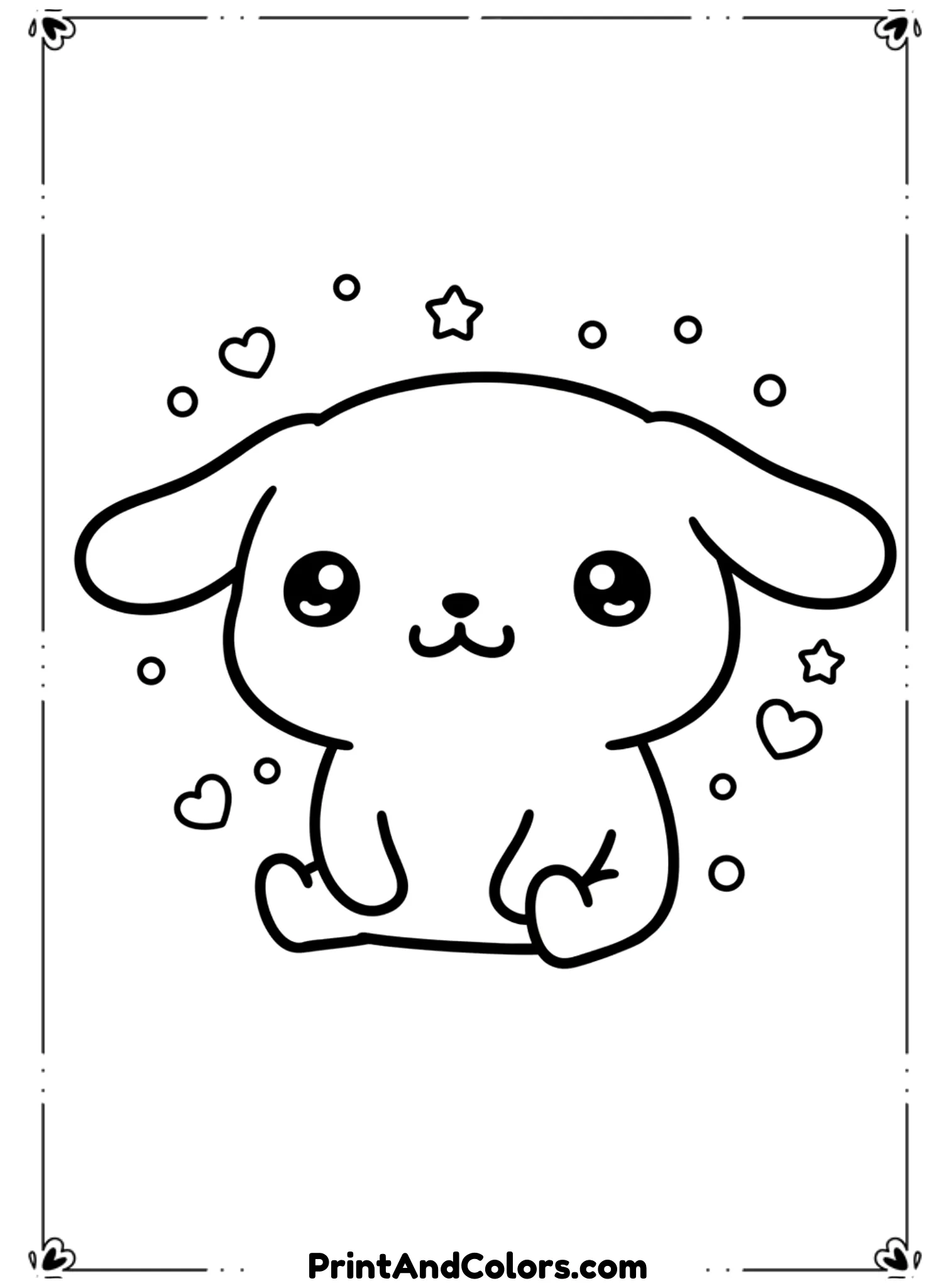  Create PomPompurin sitting sweetly with hearts and stars floating around him. Use kawaii proportions, thick black outlines, and a simple background.
