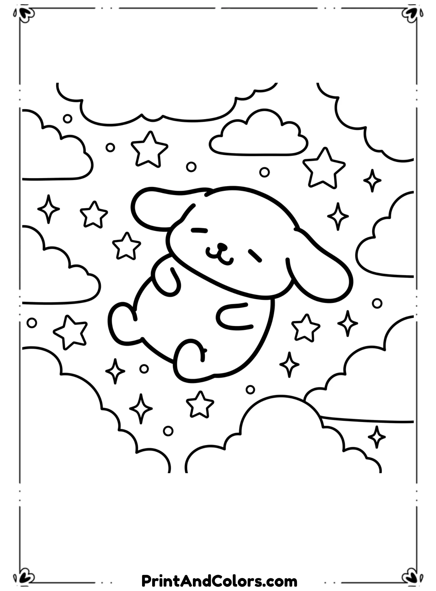  Create a dreamy scene with PomPompurin floating among clouds and stars. His expression is calm and happy. Draw fluffy cloud shapes and sparkly stars with bold black outlines. No shading, fantasy theme, printable coloring art.
