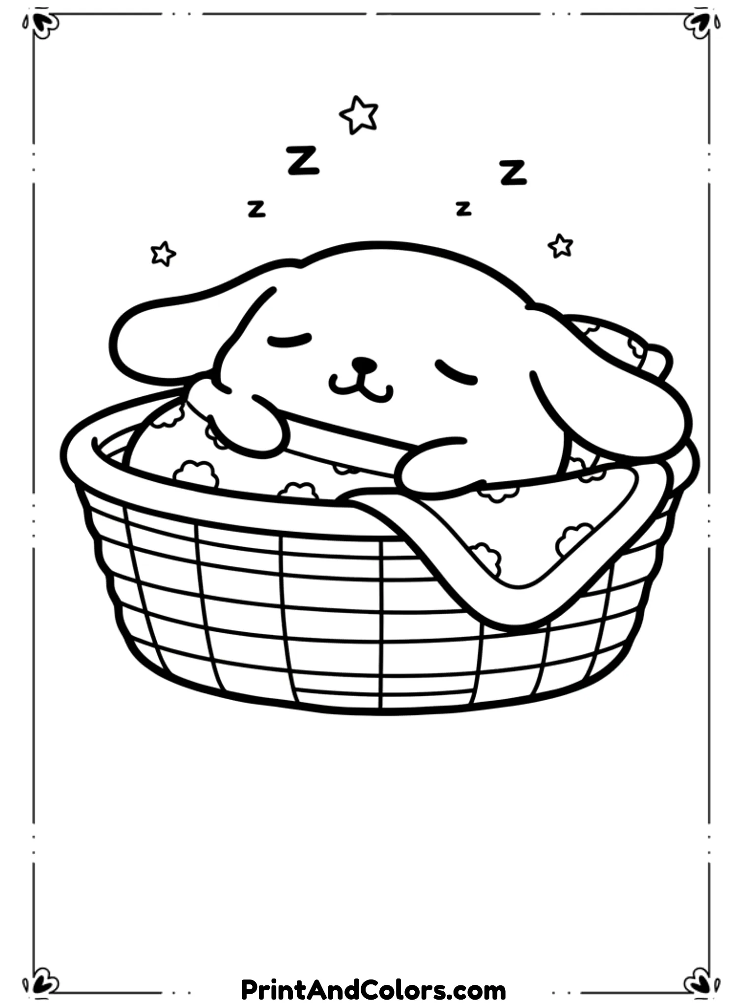  Illustrate PomPompurin curled up inside a cozy basket, sleeping peacefully. Use soft rounded lines, clean black outlines, and no color. Add a small blanket and stars above. Large open shapes for easy coloring.
