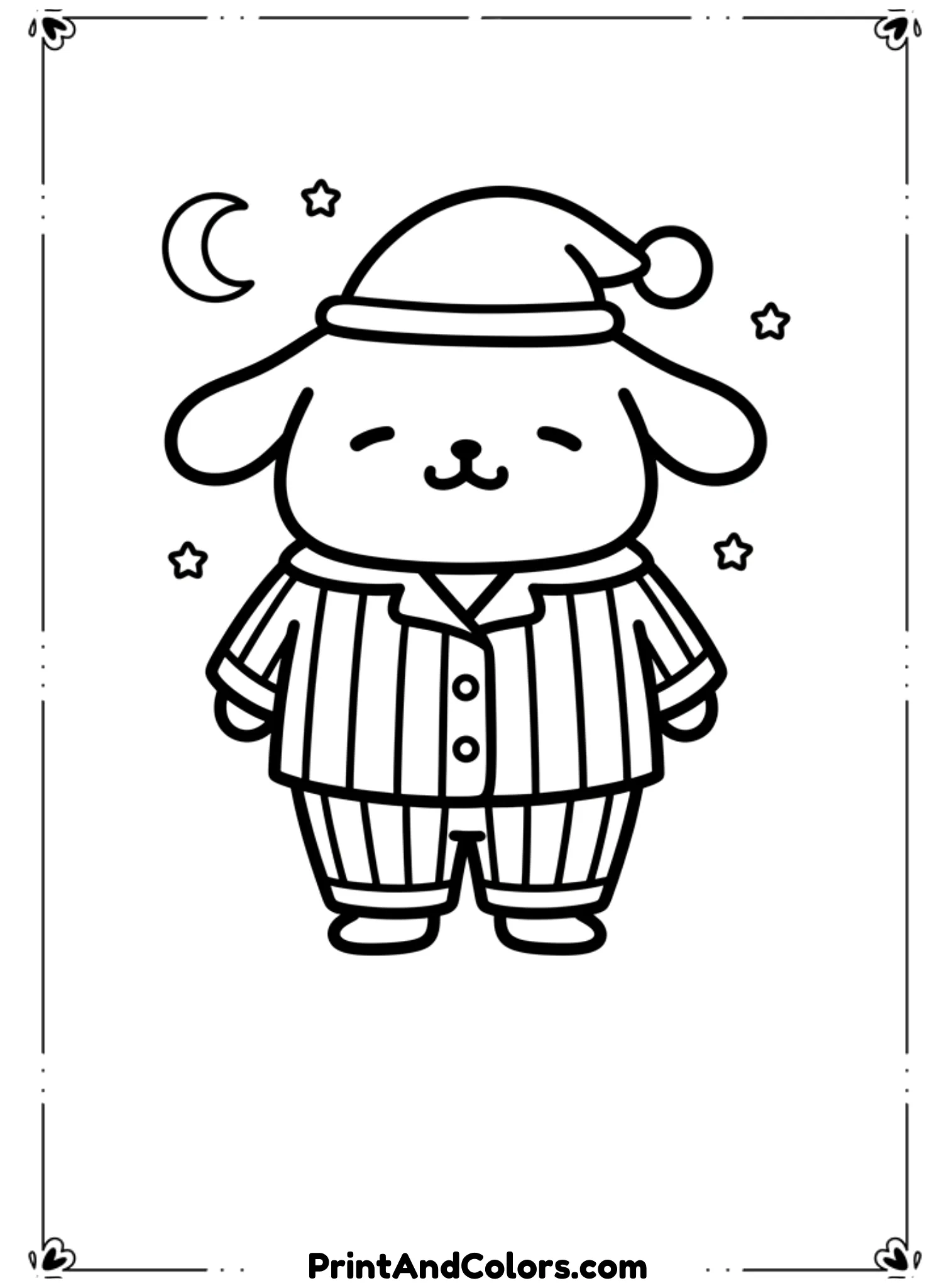  Illustrate PomPompurin wearing striped pajamas, standing with a sleepy smile. Add a small nightcap or moon symbol. Use clean black line art, rounded edges, no background complexity, perfect for bedtime-themed coloring.
