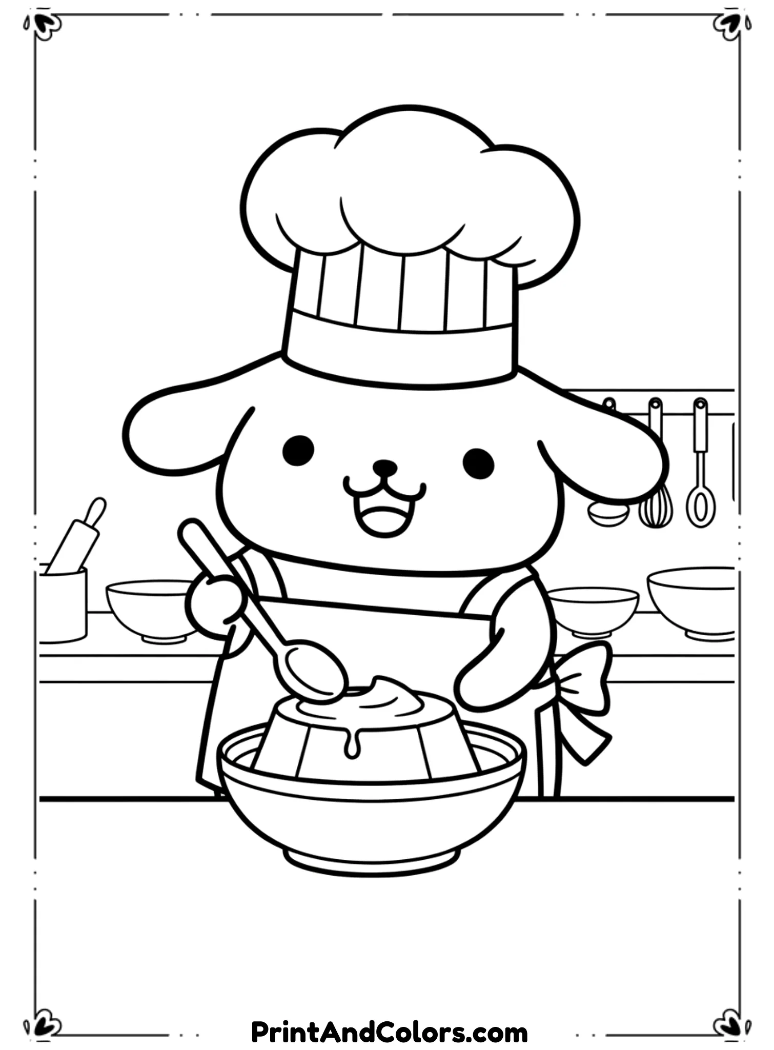  Illustrate PomPompurin wearing a tall chef hat and apron while stirring pudding in a bowl. His expression is proud and happy. Draw kitchen tools simply in the background. Use clear black outlines, no shading, kid-friendly cooking scene for coloring.
