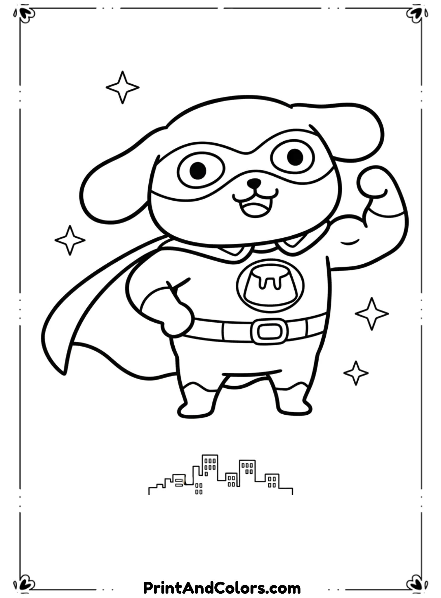  Draw PomPompurin wearing a fun costume, such as a superhero or animal outfit. His pose is playful and confident. Clean black outlines, no shading, minimal background for creative coloring.
