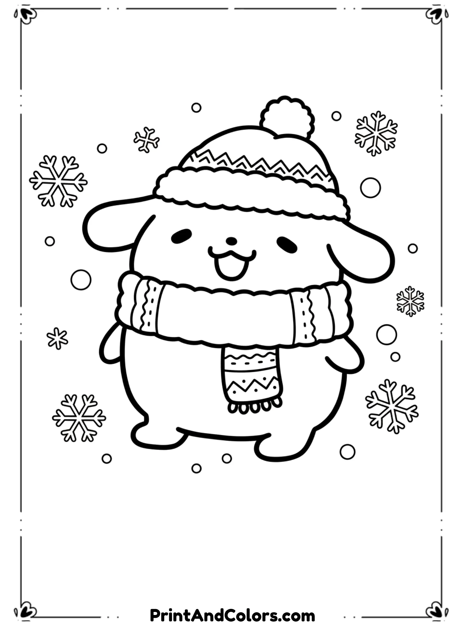  Draw PomPompurin dressed in a winter scarf and hat with snowflakes around him. Use clean black line art and simple winter elements.

