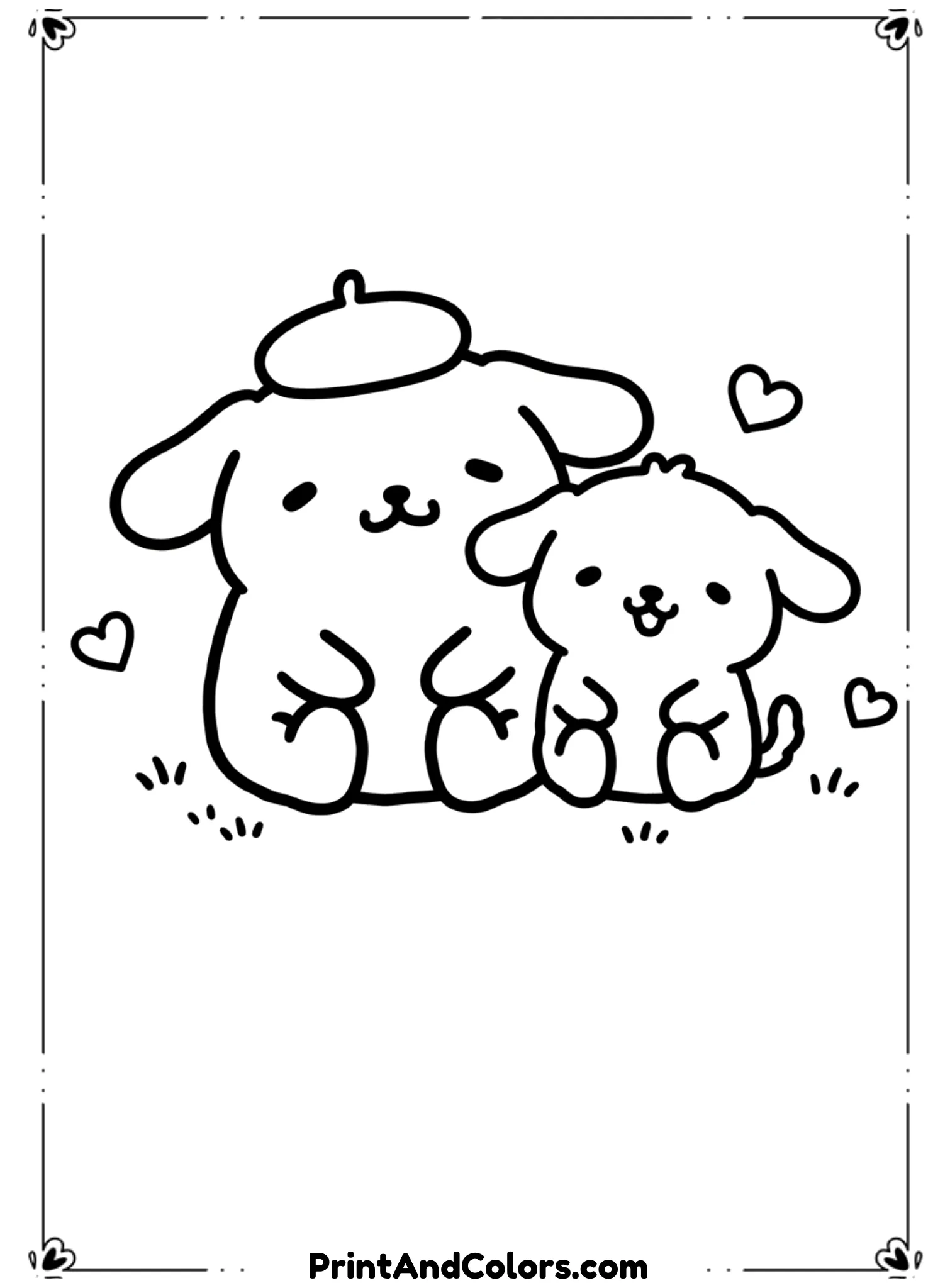  Draw PomPompurin sitting closely beside his puppy friend, both smiling sweetly. Use rounded animal features, bold black outlines, and minimal background details like grass or hearts.
