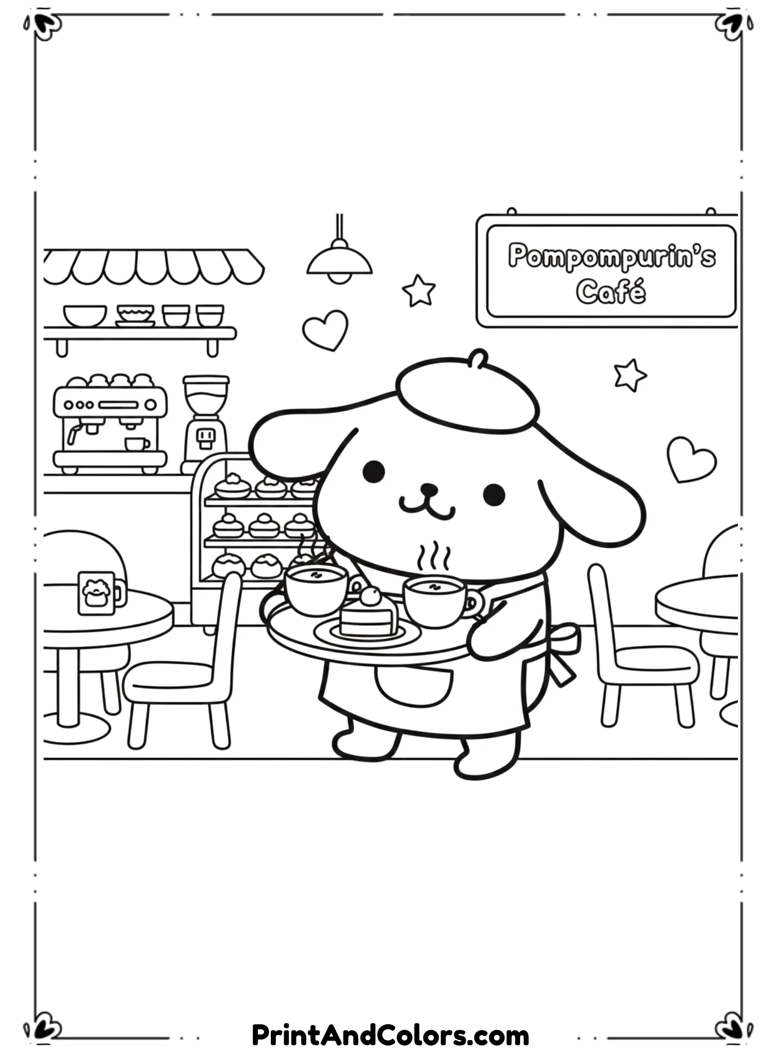  Illustrate PomPompurin working at a cute café, serving drinks and snacks on a tray. Use rounded café items, bold black outlines, and no shading.

