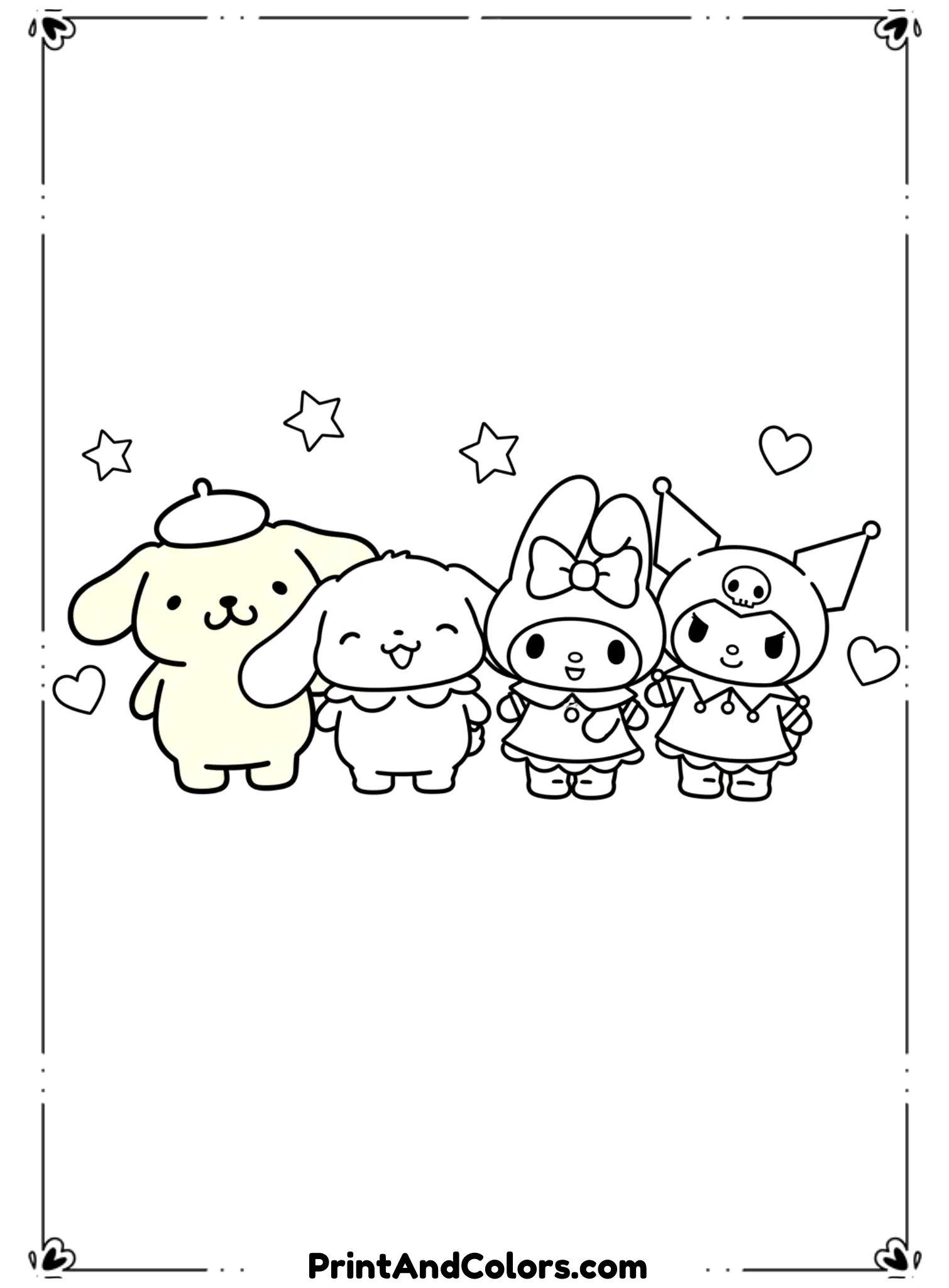  Create a cute group scene featuring PomPompurin together with multiple Sanrio-style friends standing close and smiling. All characters should have rounded kawaii proportions, large eyes, and simple facial expressions. Use clean, bold black outlines only, no shading or gray tones. Arrange characters clearly so each one is easy to color. Minimal background with stars and hearts.
